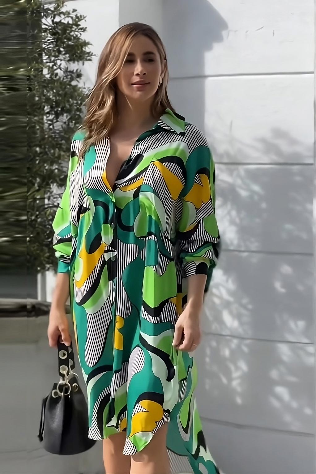 Vibrant Abstract Print Asymmetrical Top Dress - Long Sleeves & Collar