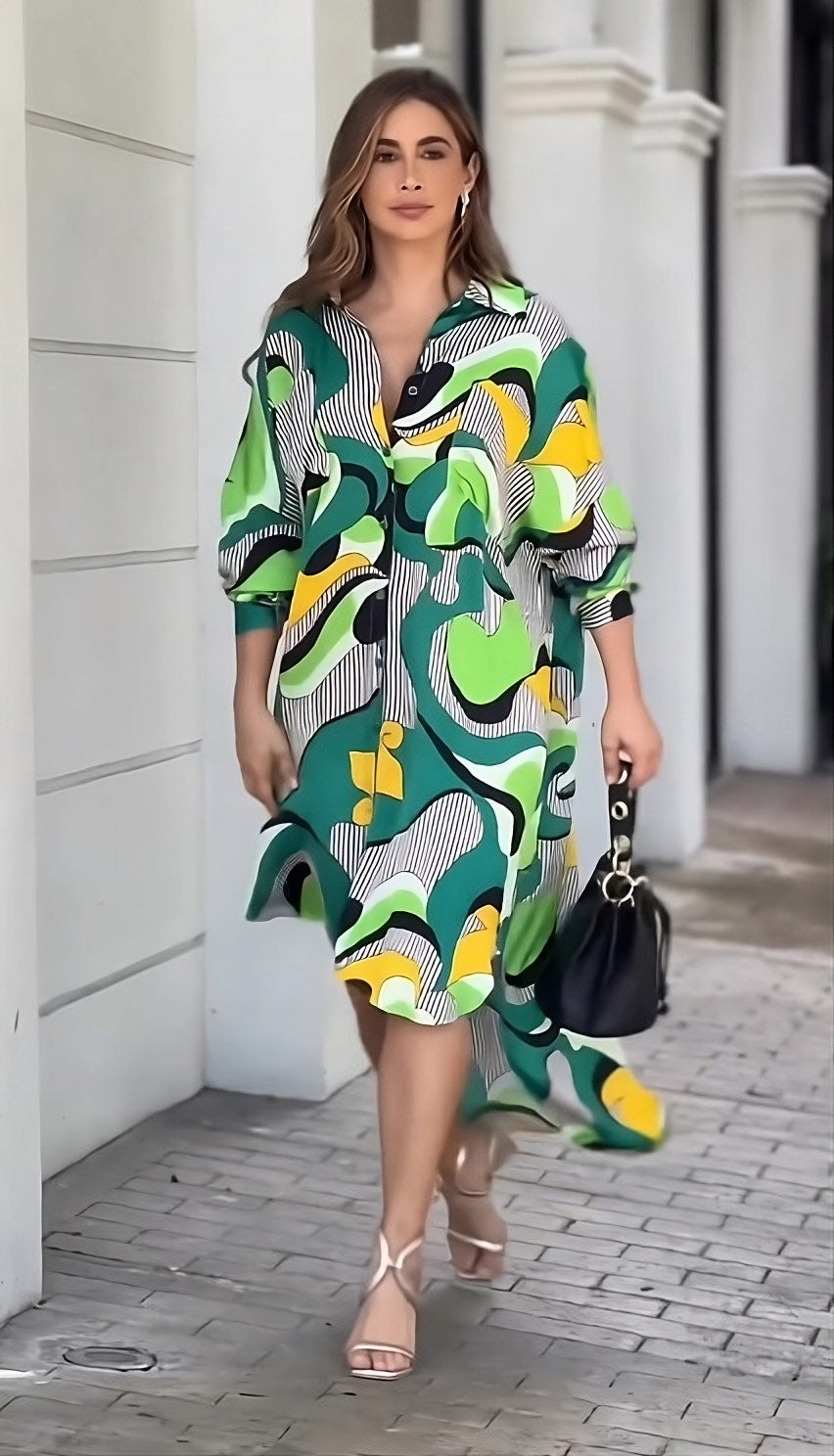 Vibrant Abstract Print Asymmetrical Top Dress - Long Sleeves & Collar