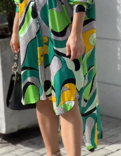 Vibrant Abstract Print Asymmetrical Top Dress - Long Sleeves & Collar