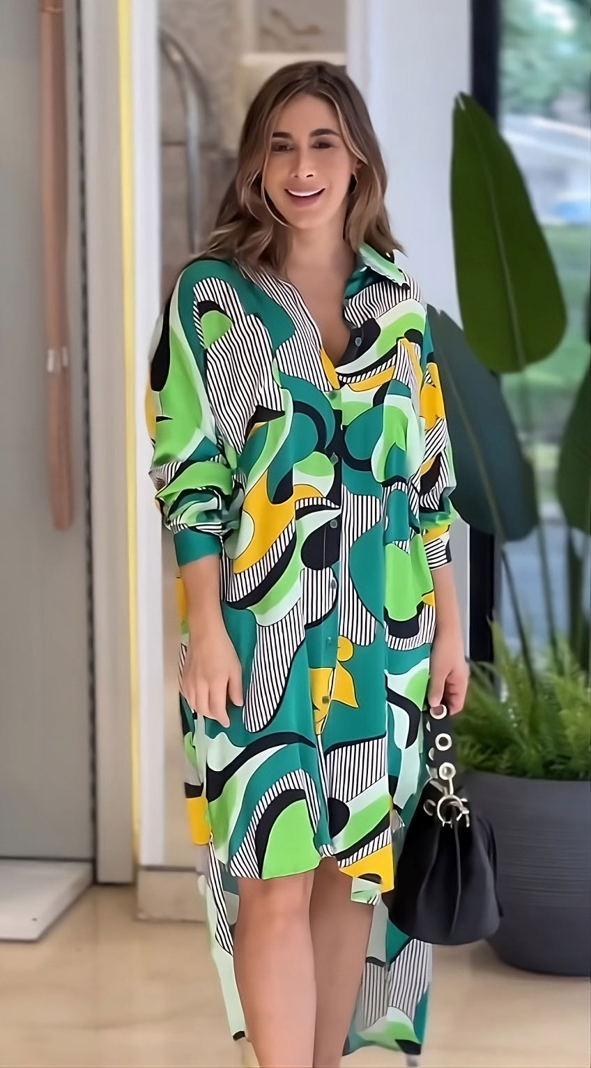 Vibrant Abstract Print Asymmetrical Top Dress - Long Sleeves & Collar