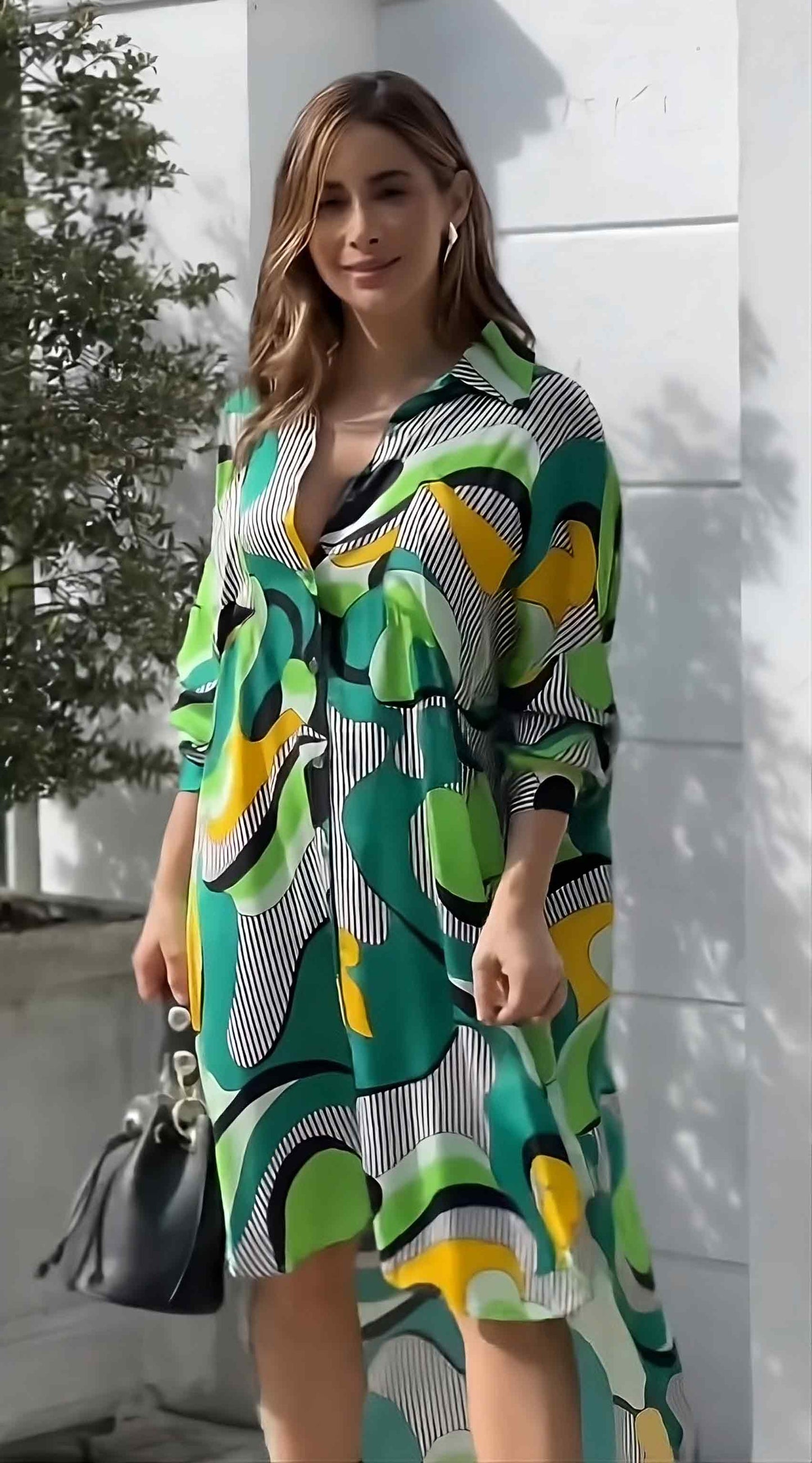 Vibrant Abstract Print Asymmetrical Top Dress - Long Sleeves & Collar