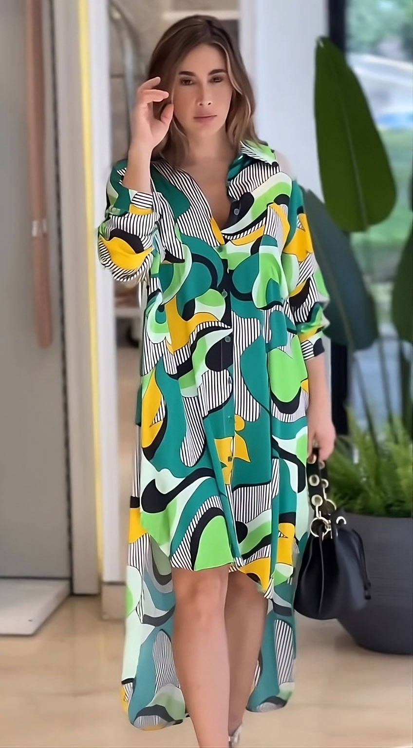 Vibrant Abstract Print Asymmetrical Top Dress - Long Sleeves & Collar