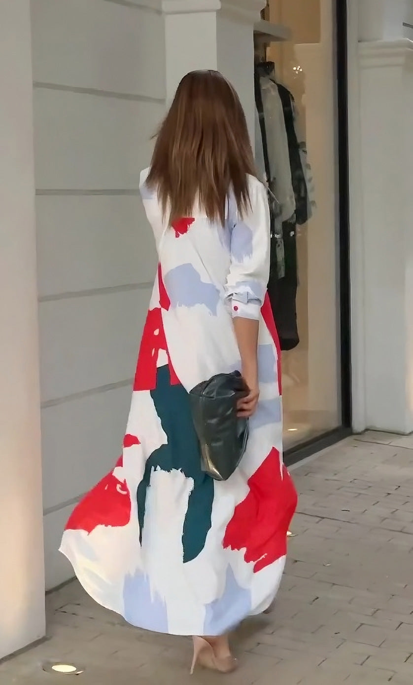 Abstract Printed Shirt Style Women's Long Dress With Button Closer