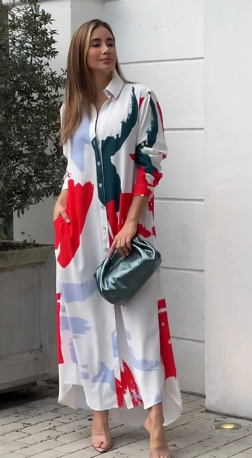 Abstract Printed Shirt Style Women's Long Dress With Button Closer