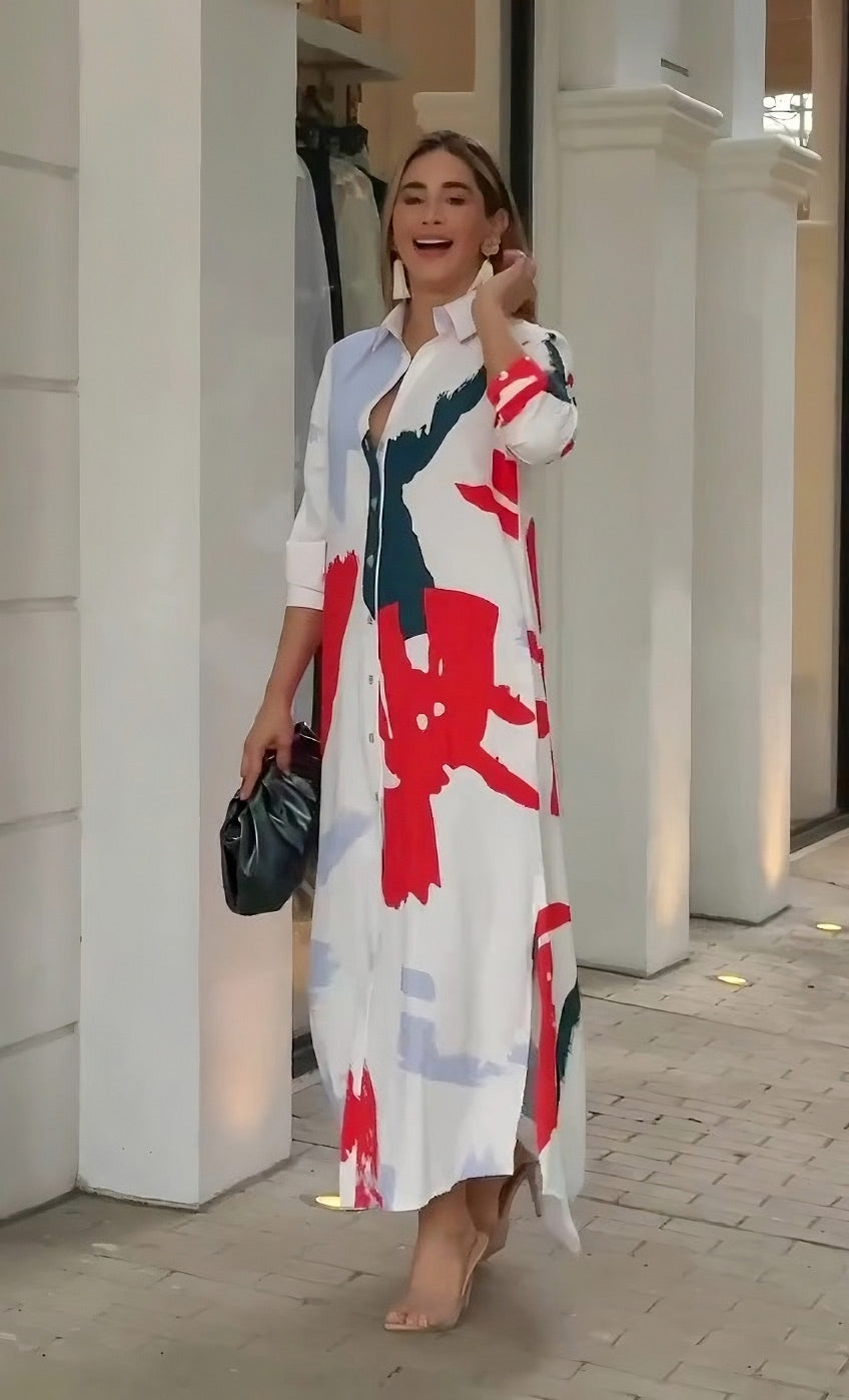 Abstract Printed Shirt Style Women's Long Dress With Button Closer