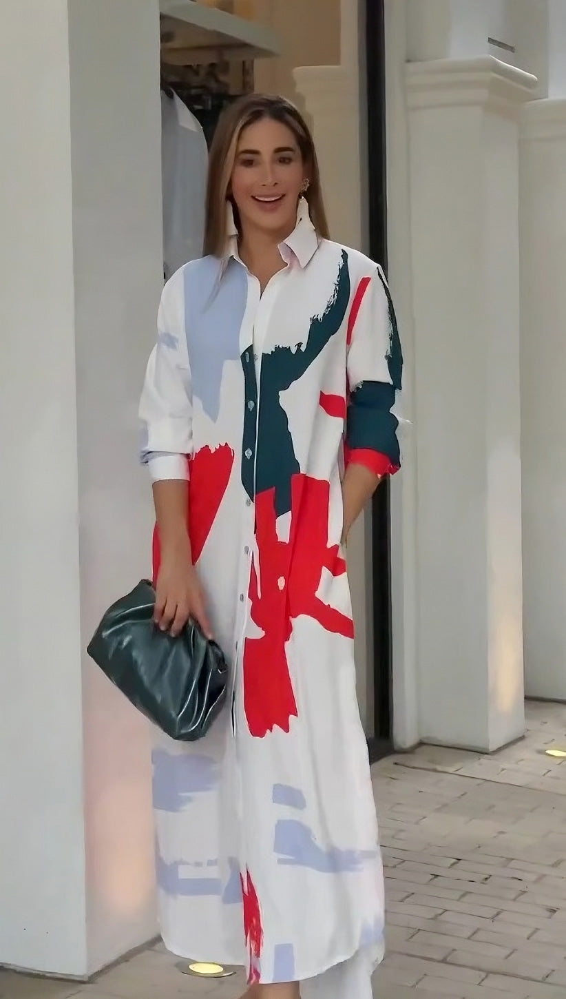 Abstract Printed Shirt Style Women's Long Dress With Button Closer