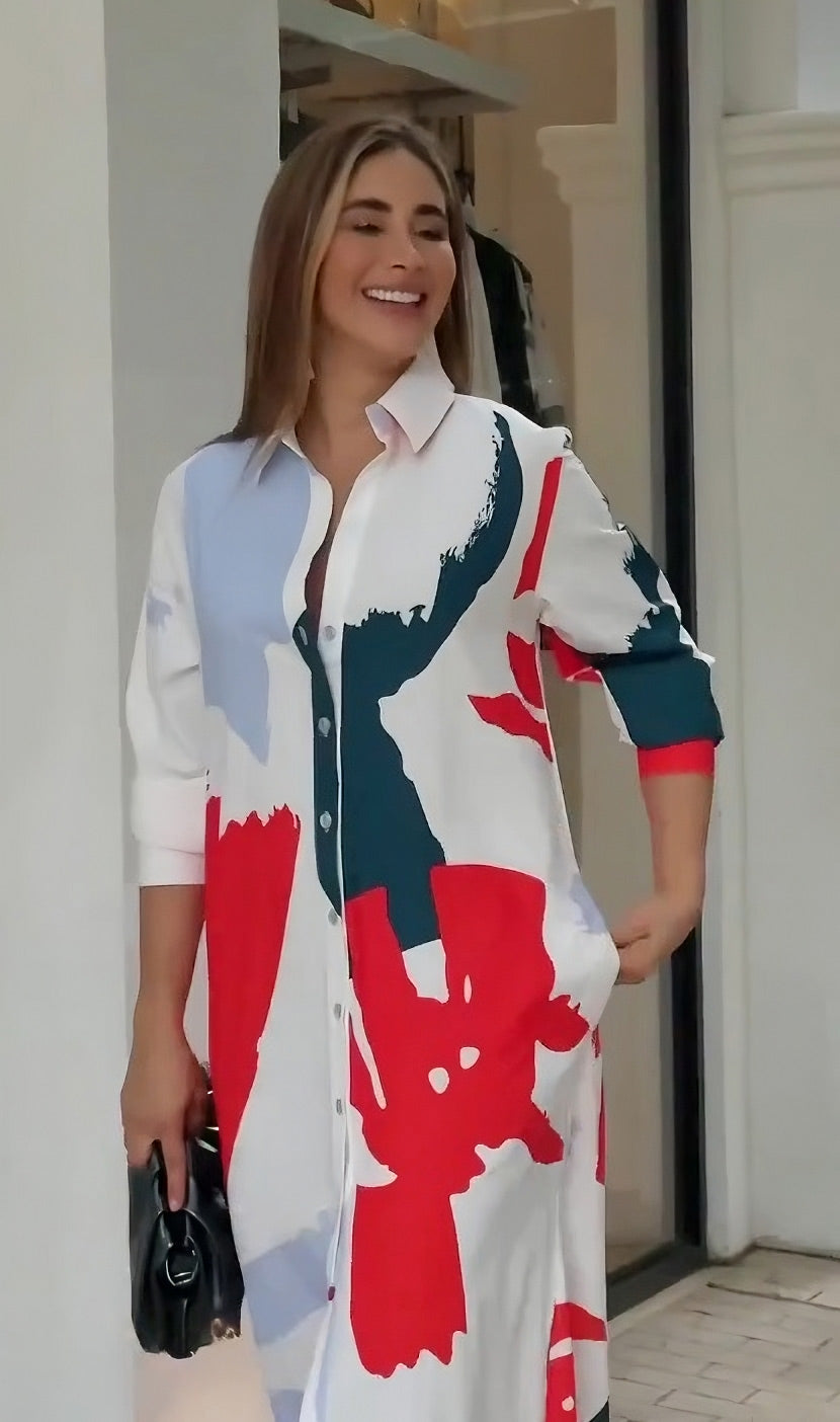 Abstract Printed Shirt Style Women's Long Dress With Button Closer
