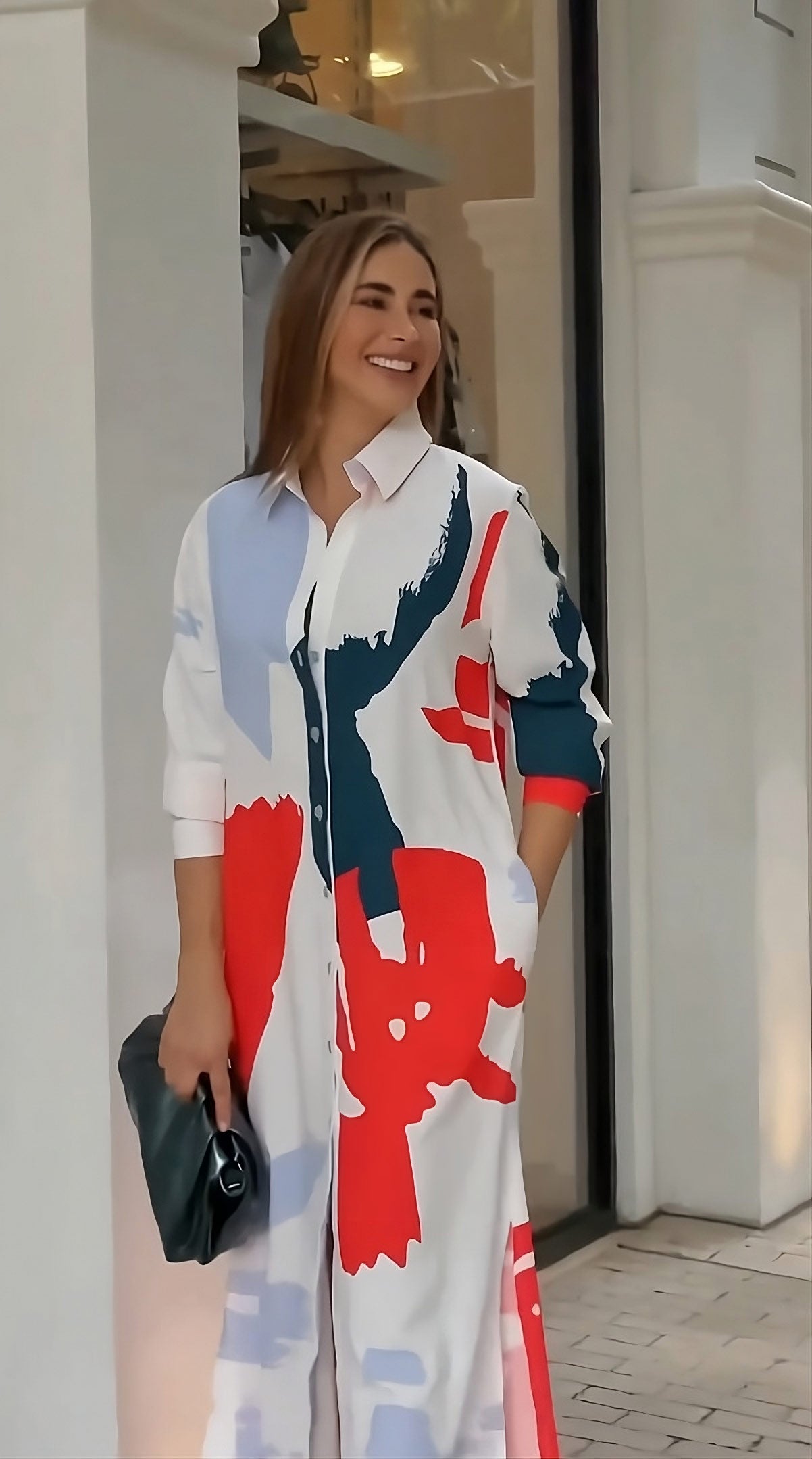 Abstract Printed Shirt Style Women's Long Dress With Button Closer
