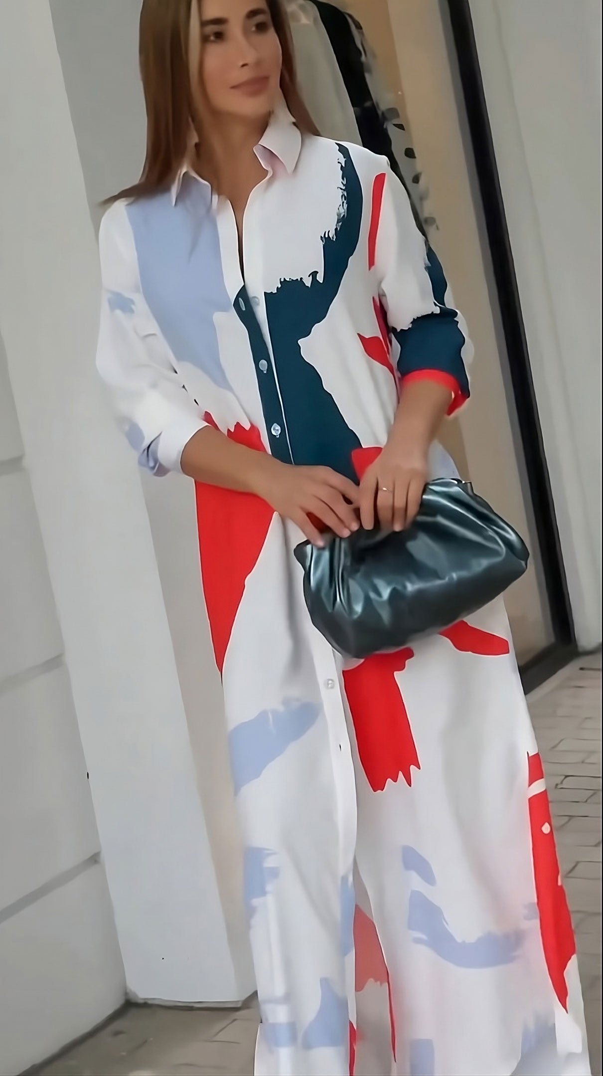 Abstract Printed Shirt Style Women's Long Dress With Button Closer