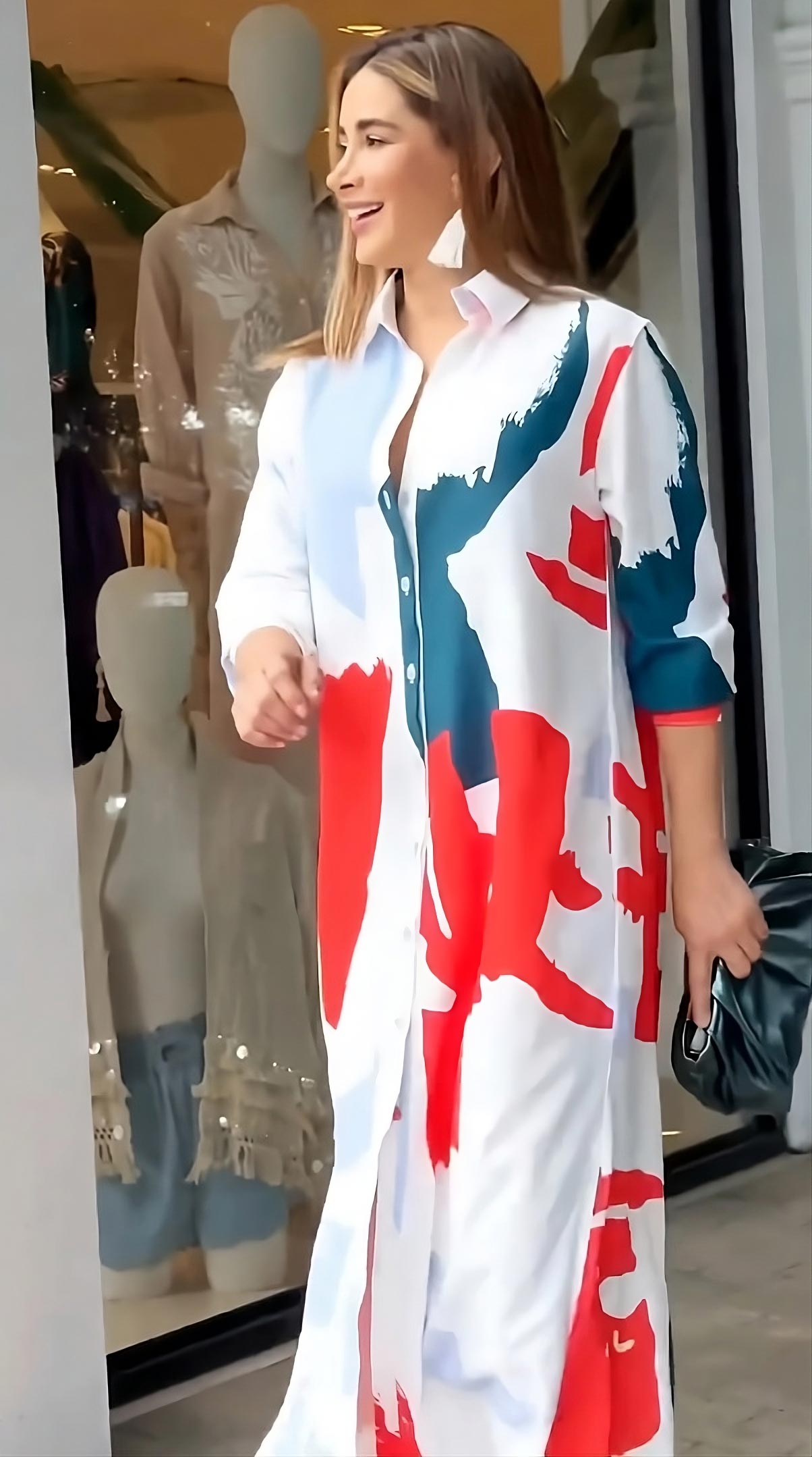Abstract Printed Shirt Style Women's Long Dress With Button Closer