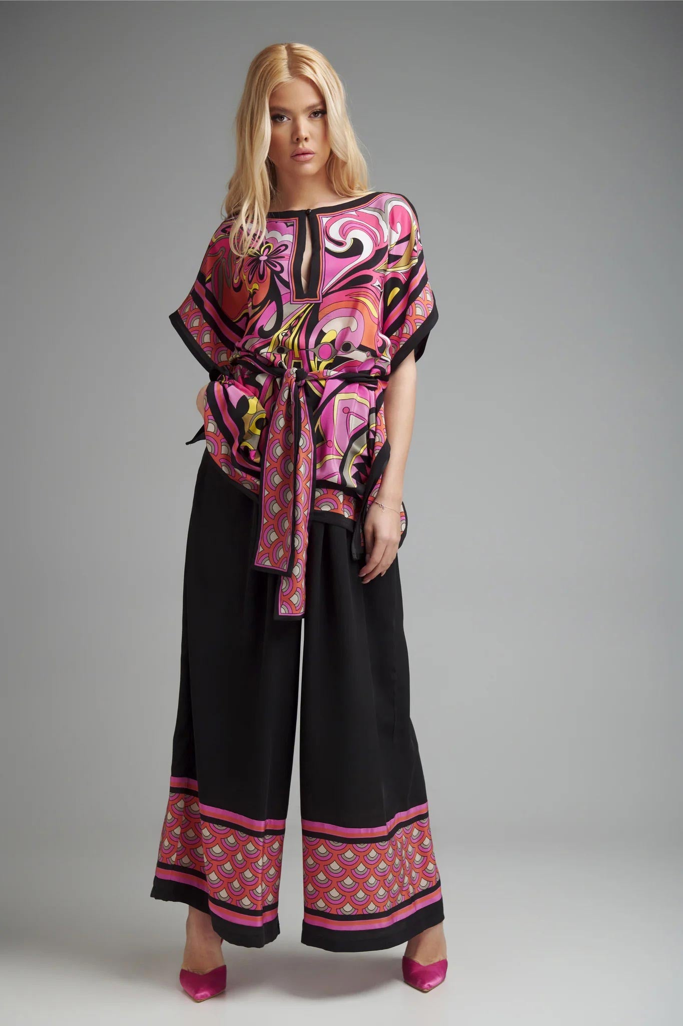 Artistic Flair Print Top & Palazzo Pant Co-Ord Set With Printed Belt