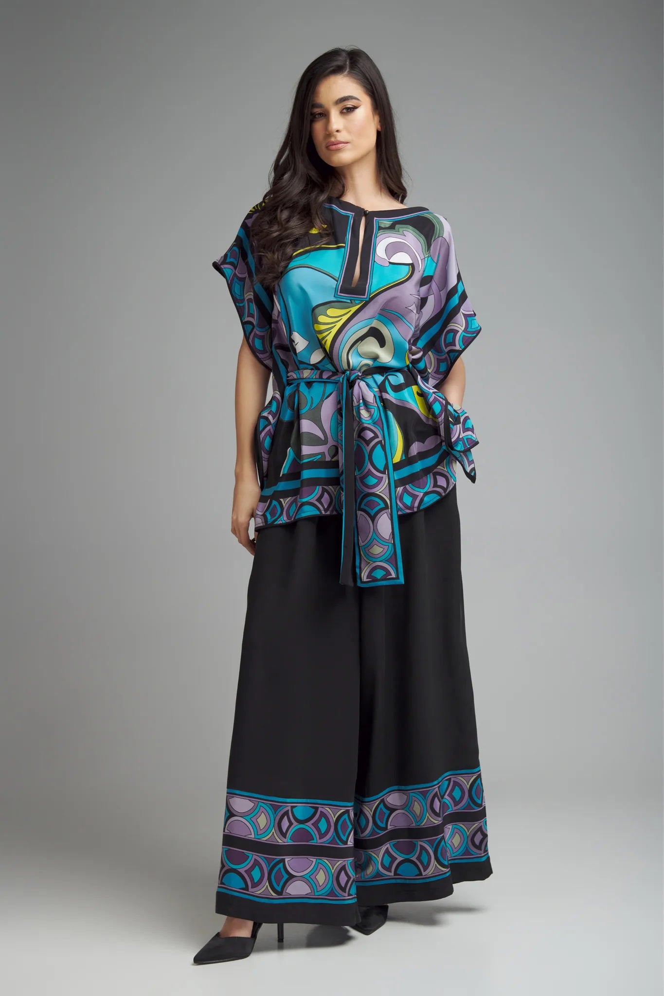 Exclusive Designer Printed Silk Top With Elegant Black Pant Co-Ord Set
