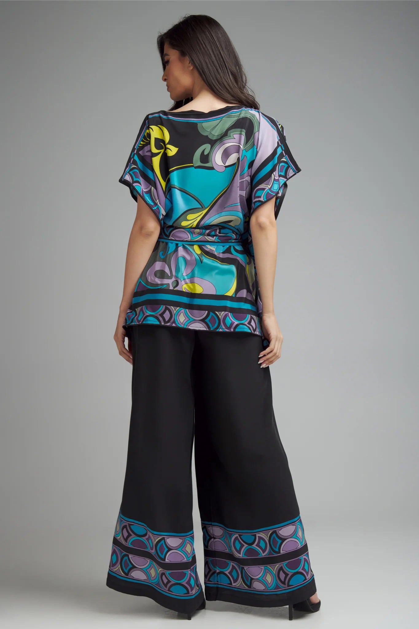 Exclusive Designer Printed Silk Top With Elegant Black Pant Co-Ord Set