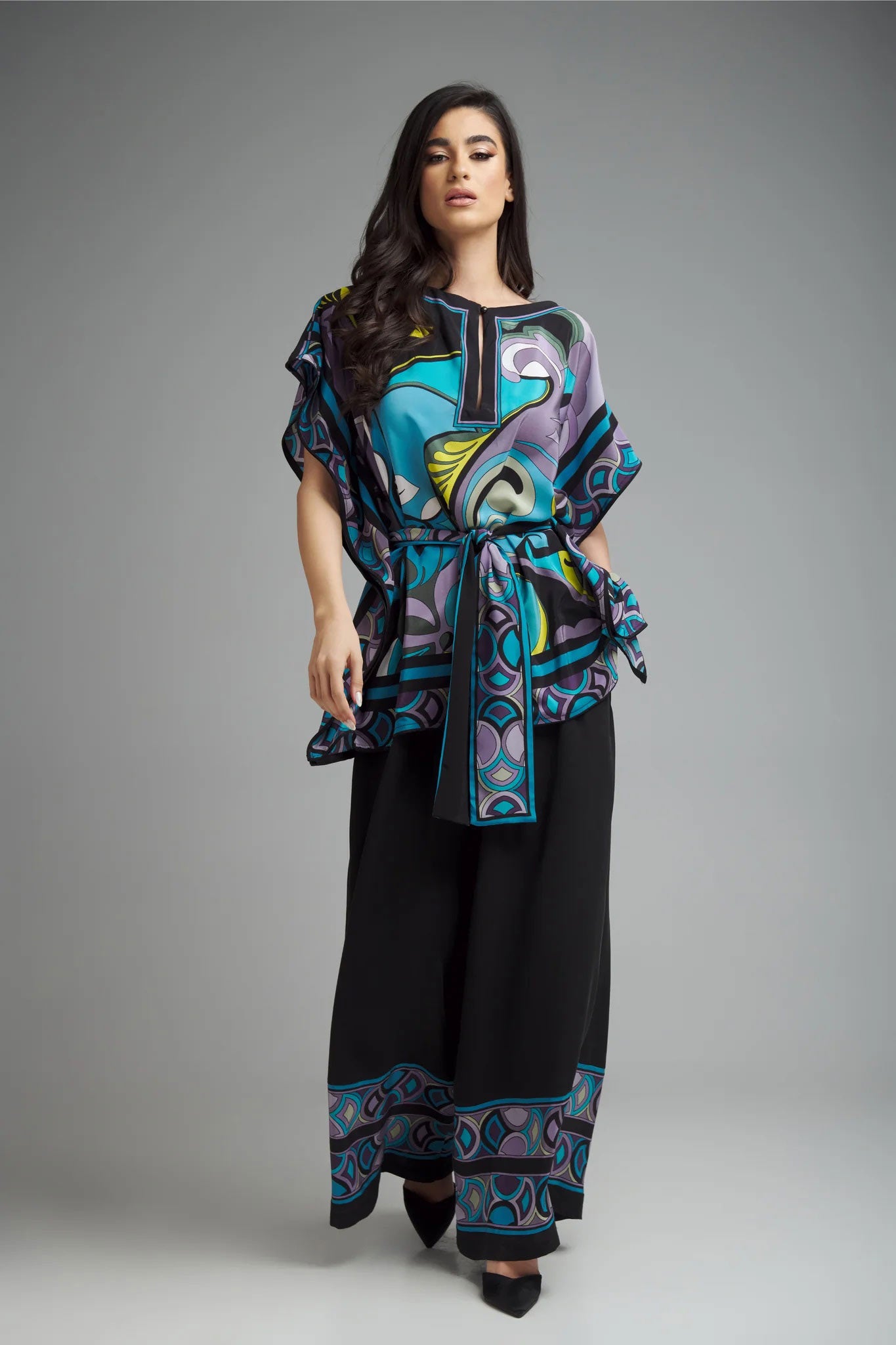 Exclusive Designer Printed Silk Top With Elegant Black Pant Co-Ord Set