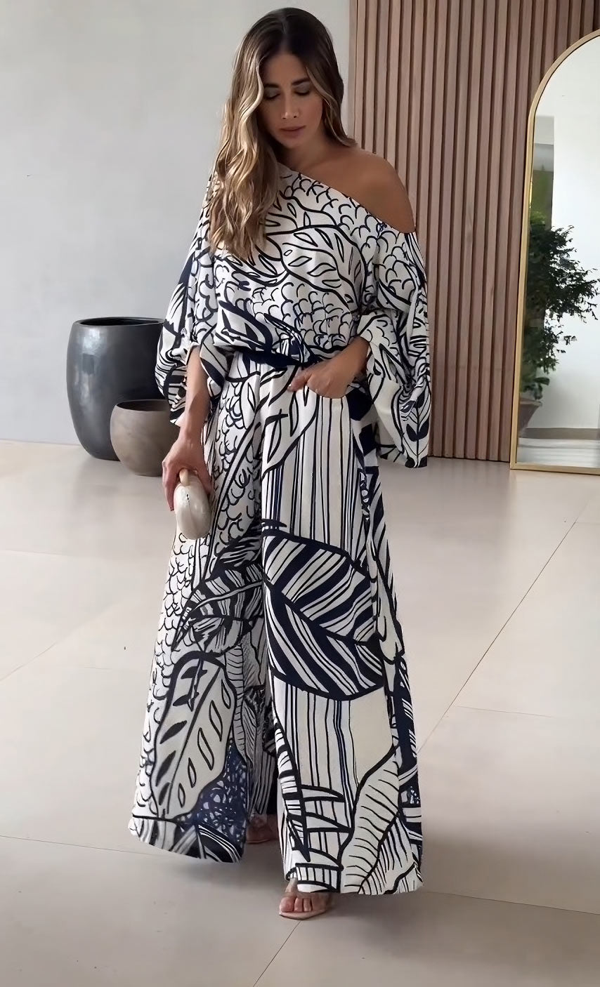 Leaf Print Luxury Off-Shoulder Top & Wide Leg Pant With Packet Style