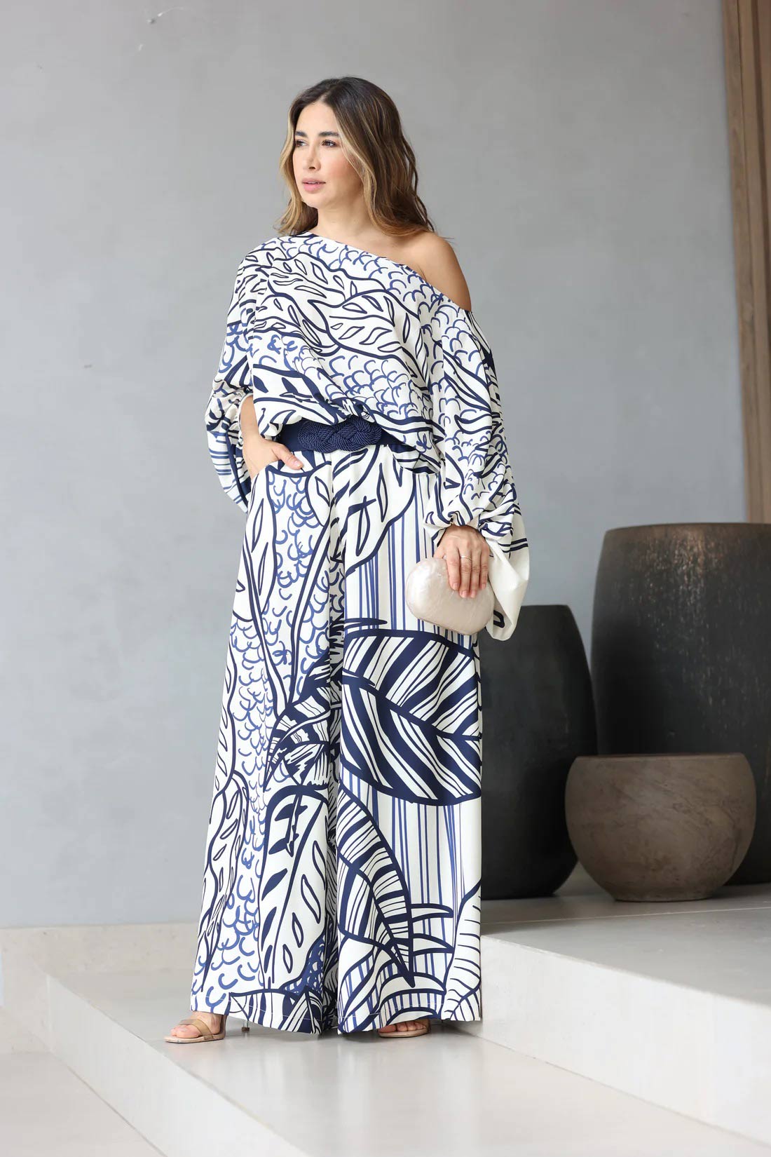 Leaf Print Luxury Off-Shoulder Top & Wide Leg Pant With Packet Style