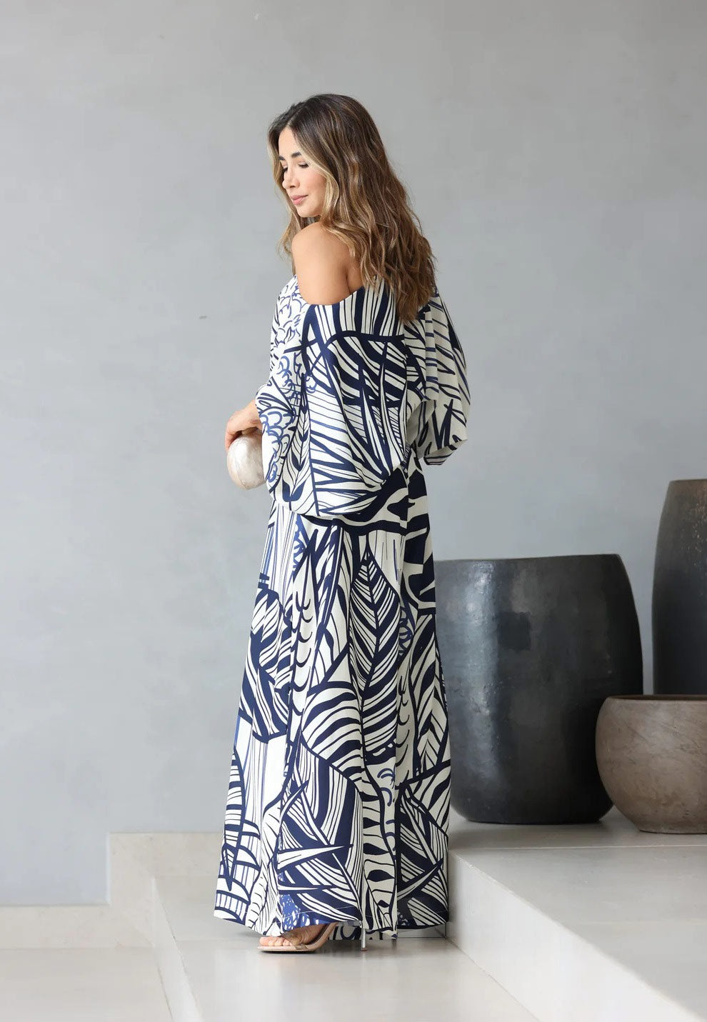 Leaf Print Luxury Off-Shoulder Top & Wide Leg Pant With Packet Style