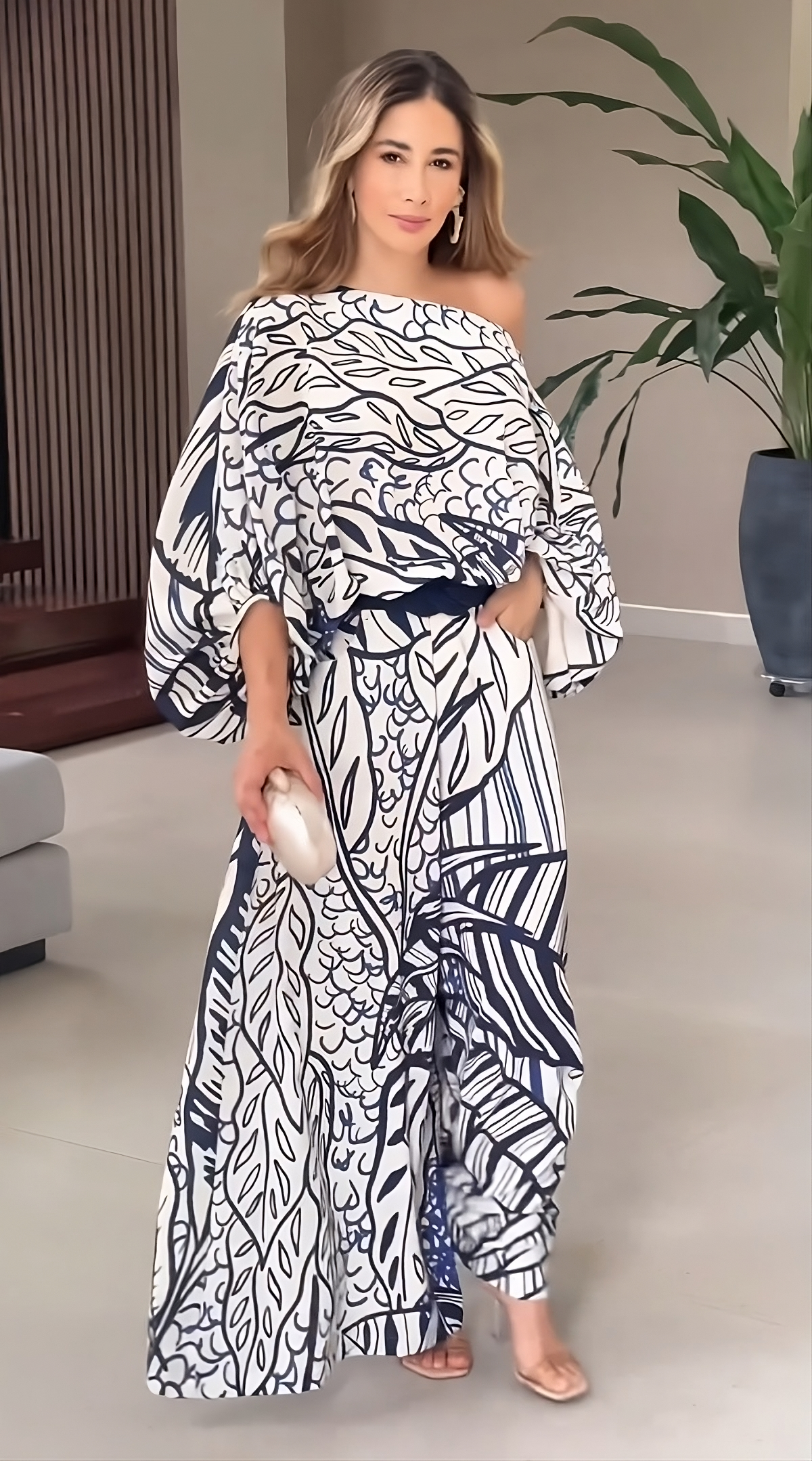 Leaf Print Luxury Off-Shoulder Top & Wide Leg Pant With Packet Style