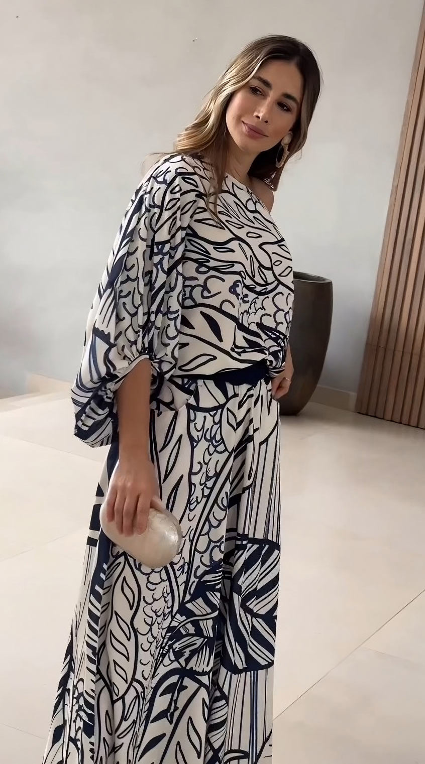 Leaf Print Luxury Off-Shoulder Top & Wide Leg Pant With Packet Style