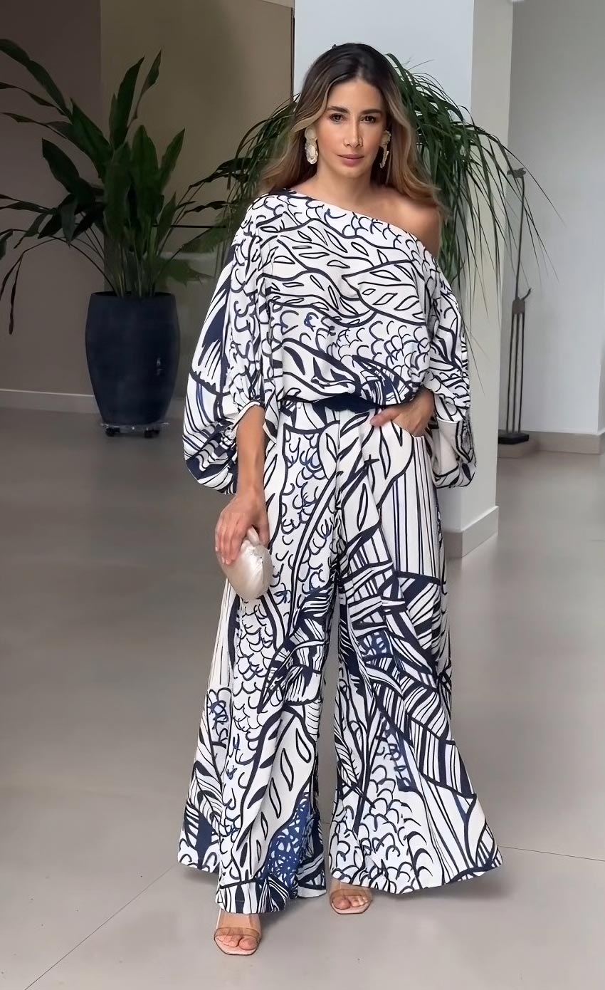 Leaf Print Luxury Off-Shoulder Top & Wide Leg Pant With Packet Style
