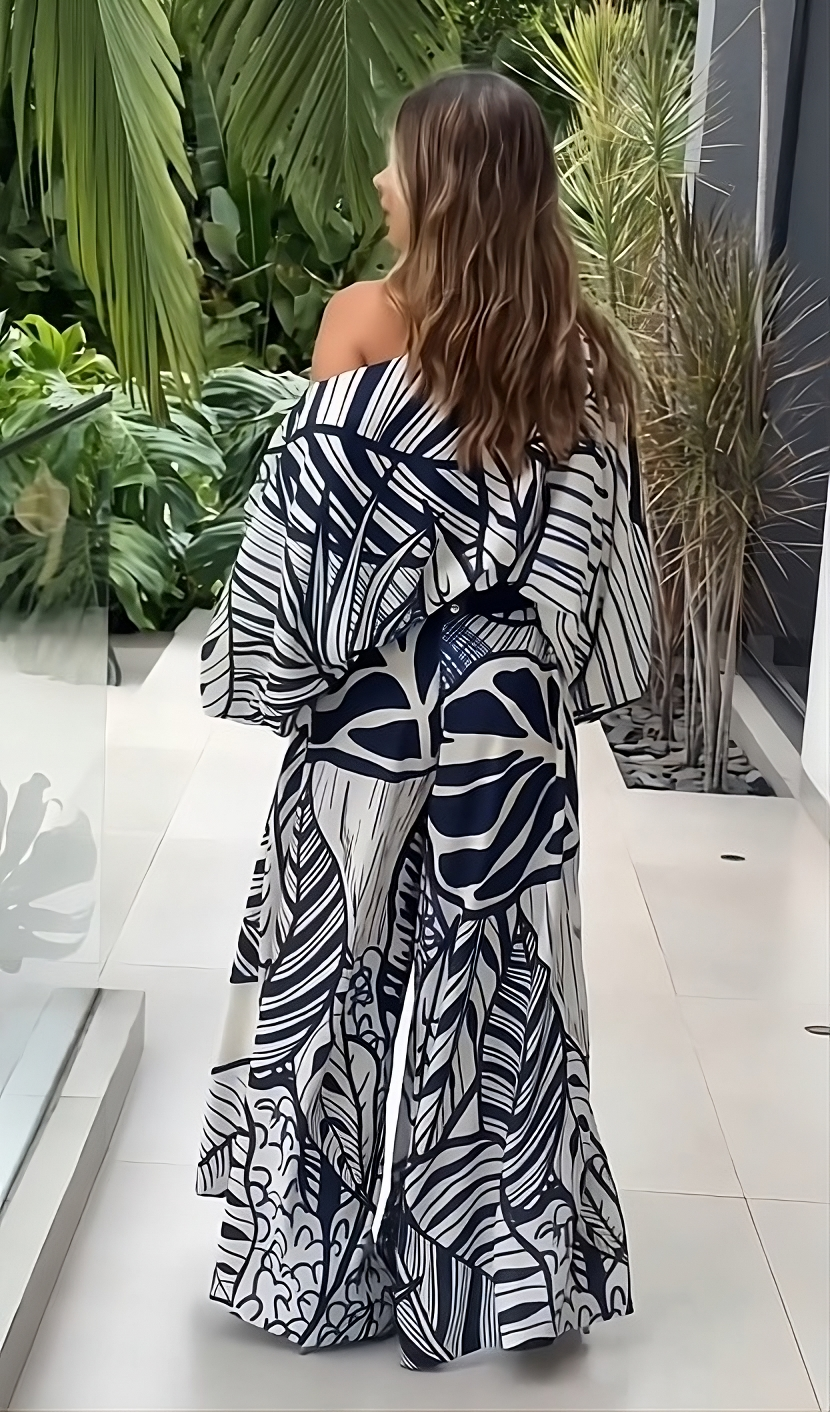 Leaf Print Luxury Off-Shoulder Top & Wide Leg Pant With Packet Style
