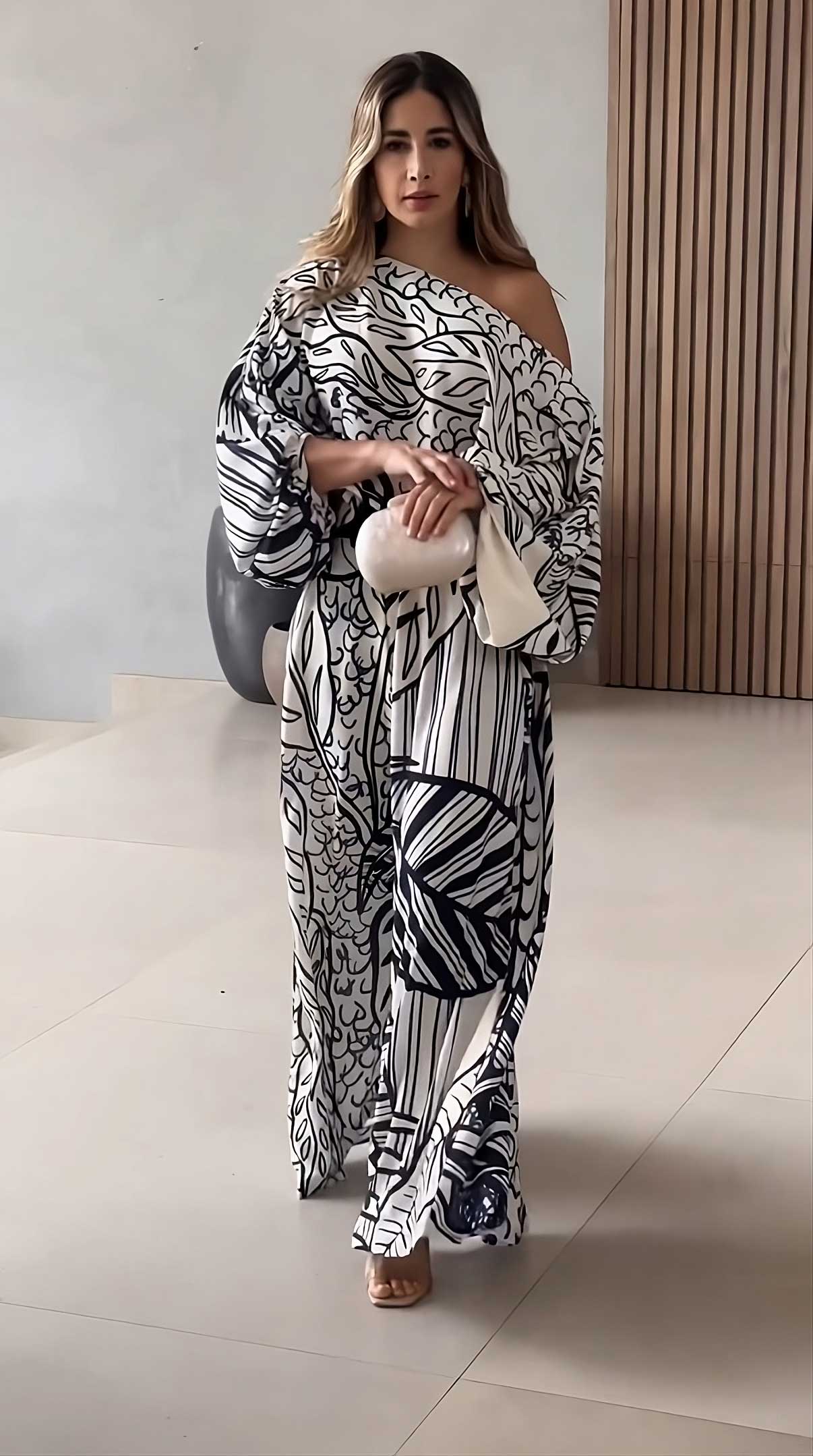 Leaf Print Luxury Off-Shoulder Top & Wide Leg Pant With Packet Style