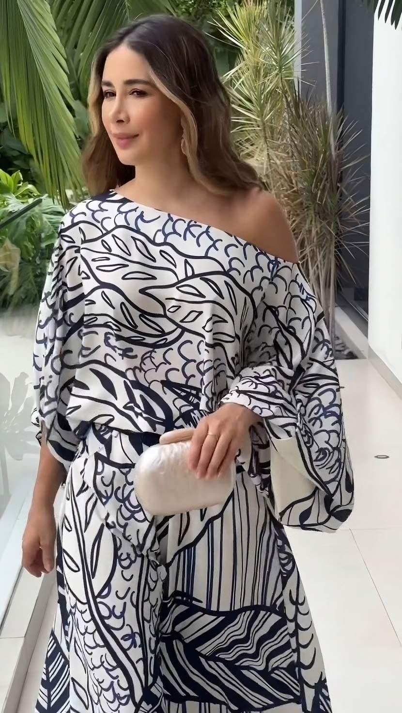 Leaf Print Luxury Off-Shoulder Top & Wide Leg Pant With Packet Style