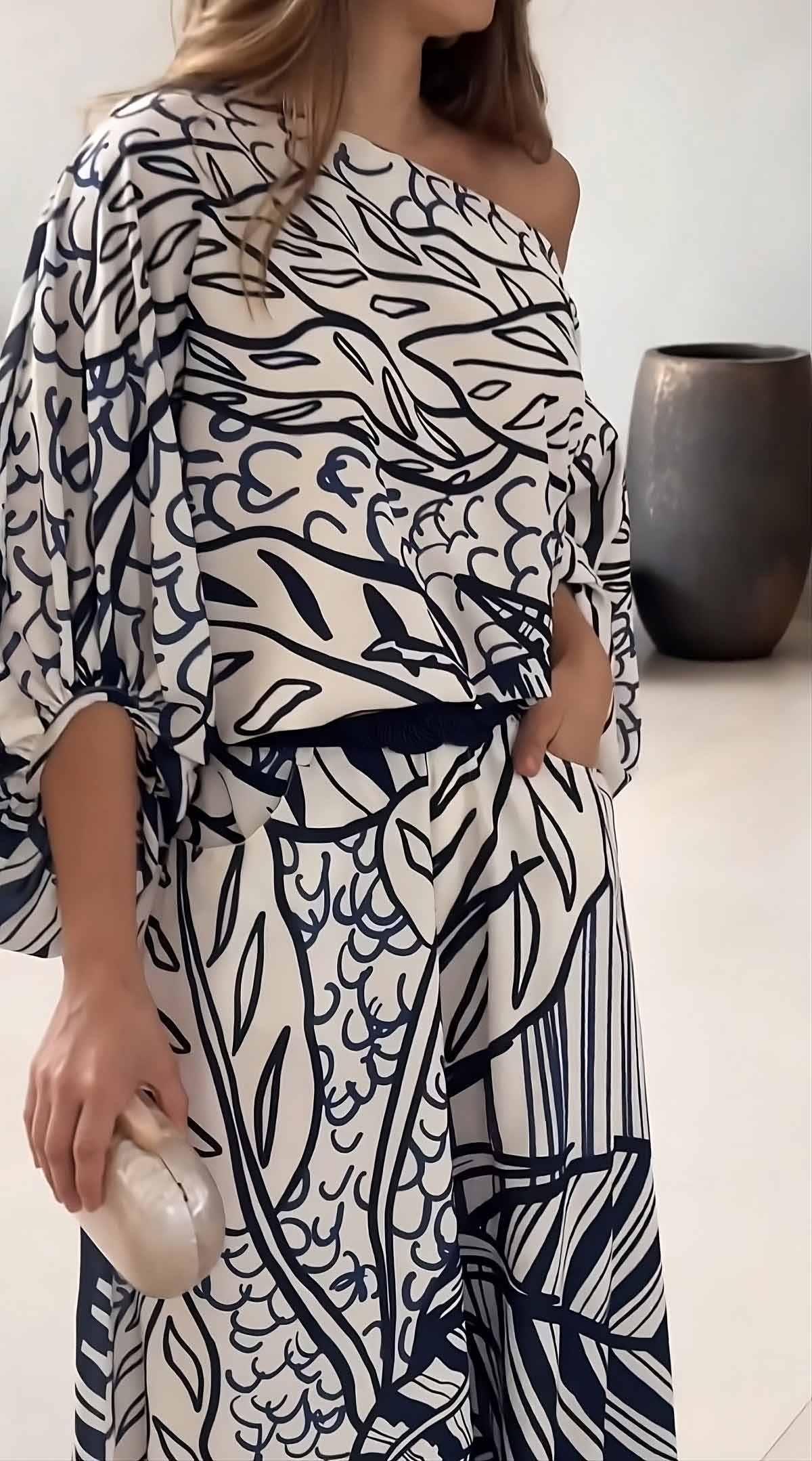 Leaf Print Luxury Off-Shoulder Top & Wide Leg Pant With Packet Style