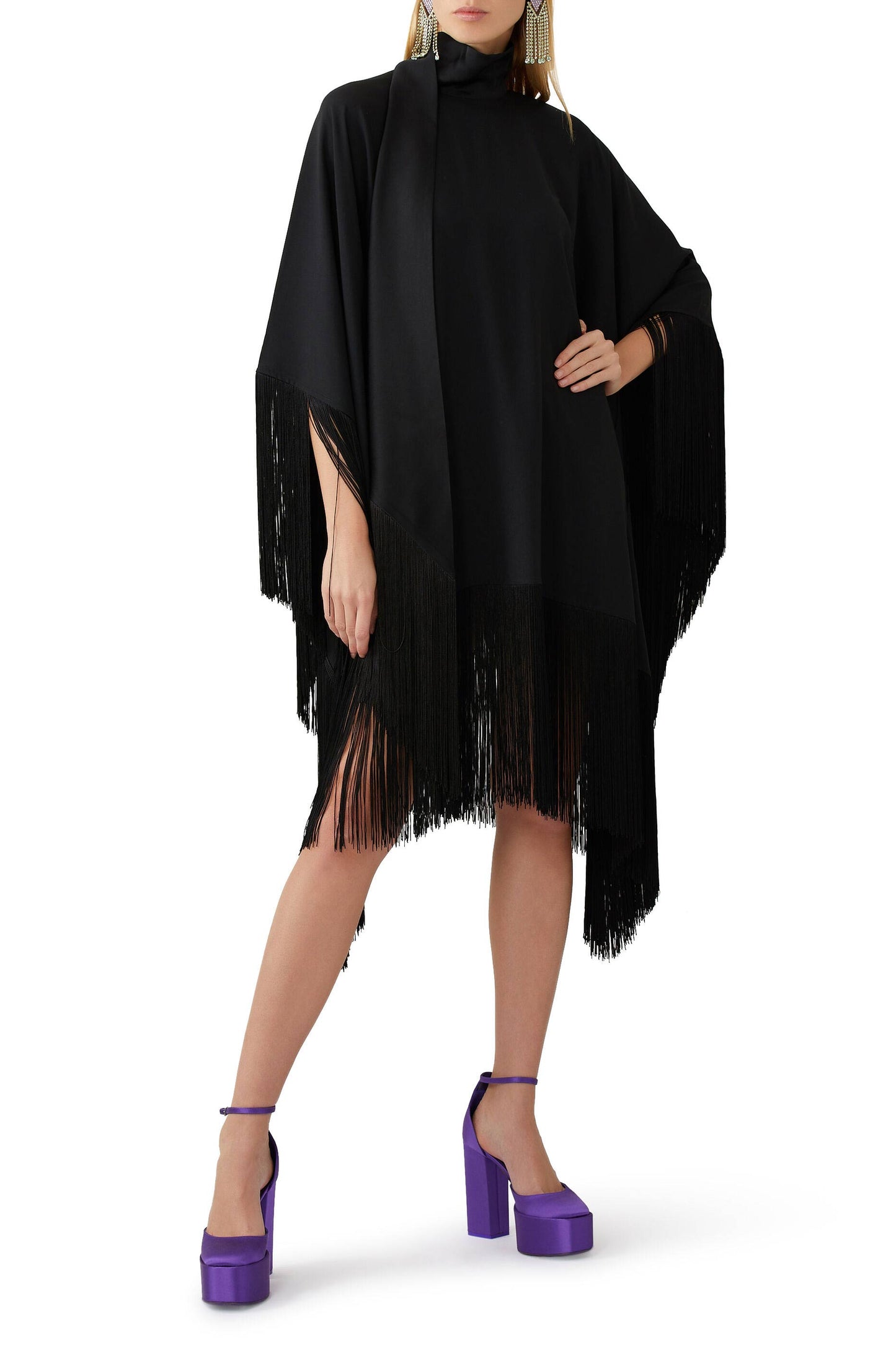 Midnight Fringe : Elegant Tassel Cape Knee Length Dress With Neck Belt