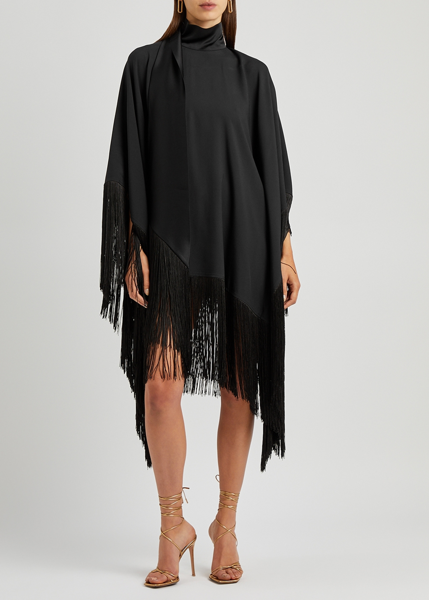 Midnight Fringe : Elegant Tassel Cape Knee Length Dress With Neck Belt