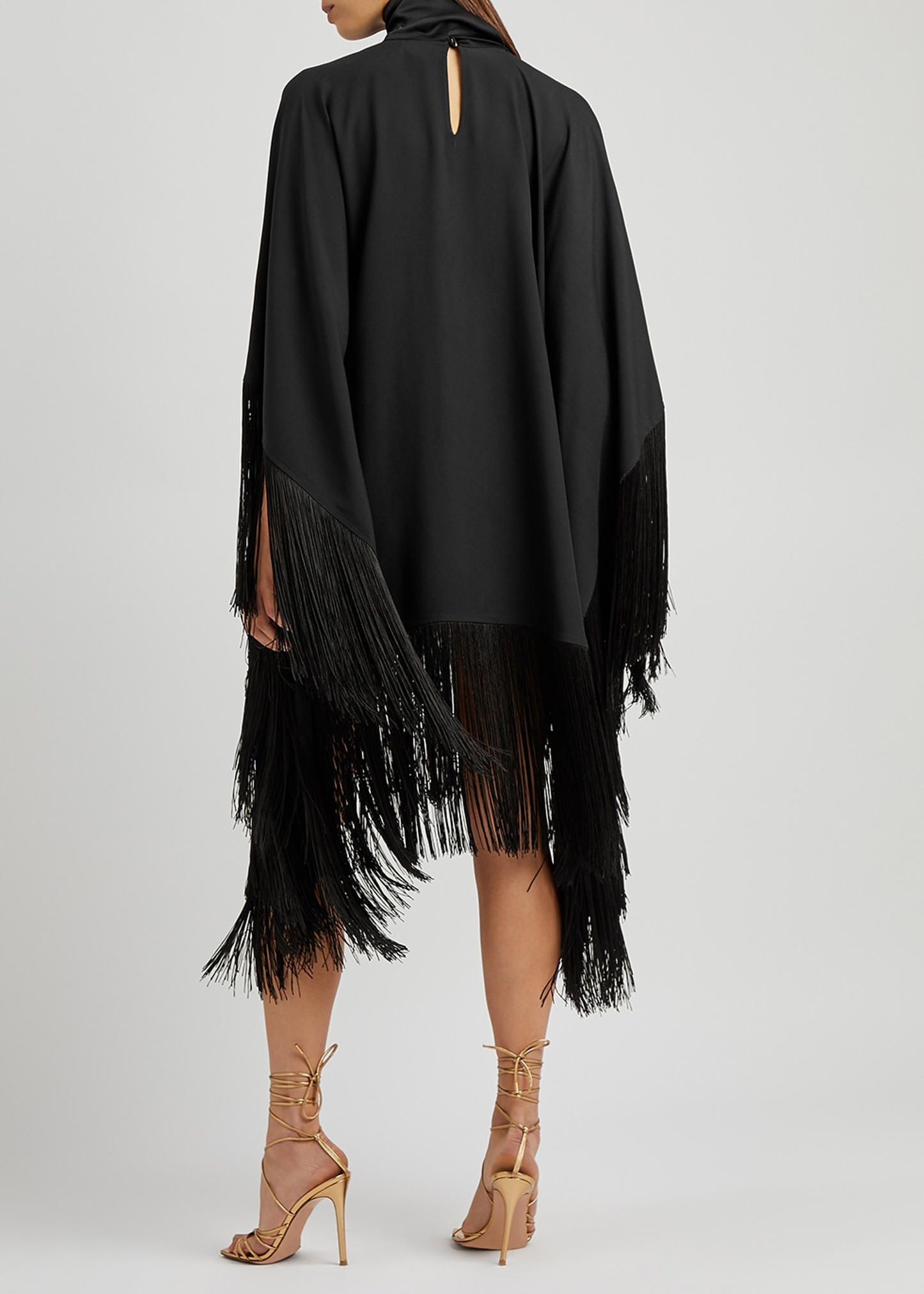 Midnight Fringe : Elegant Tassel Cape Knee Length Dress With Neck Belt