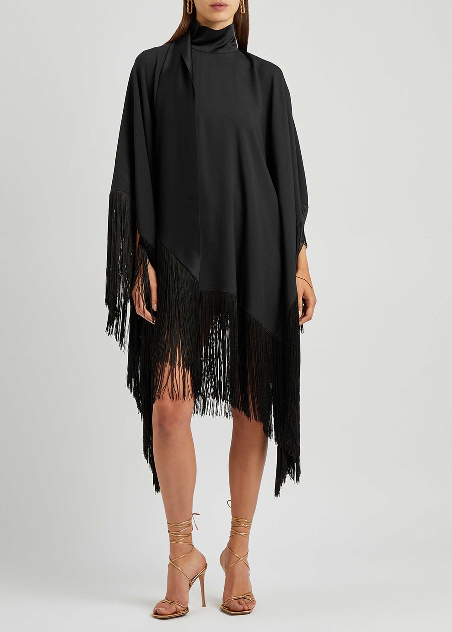 Midnight Fringe : Elegant Tassel Cape Knee Length Dress With Neck Belt