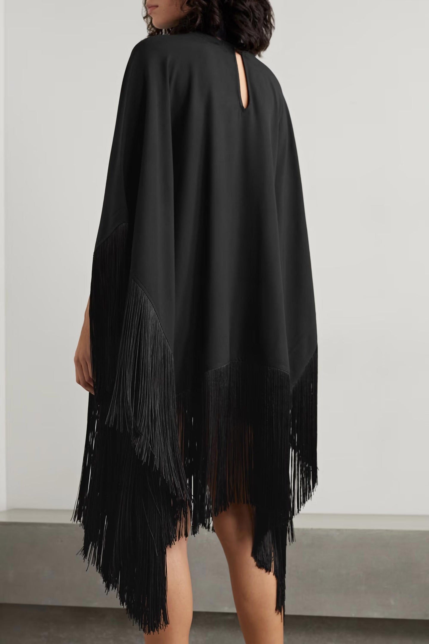 Midnight Fringe : Elegant Tassel Cape Knee Length Dress With Neck Belt
