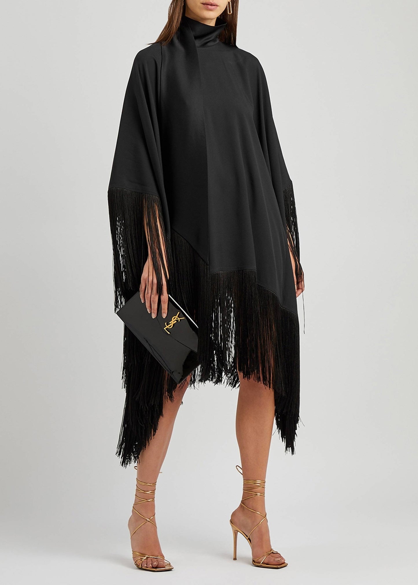 Midnight Fringe : Elegant Tassel Cape Knee Length Dress With Neck Belt