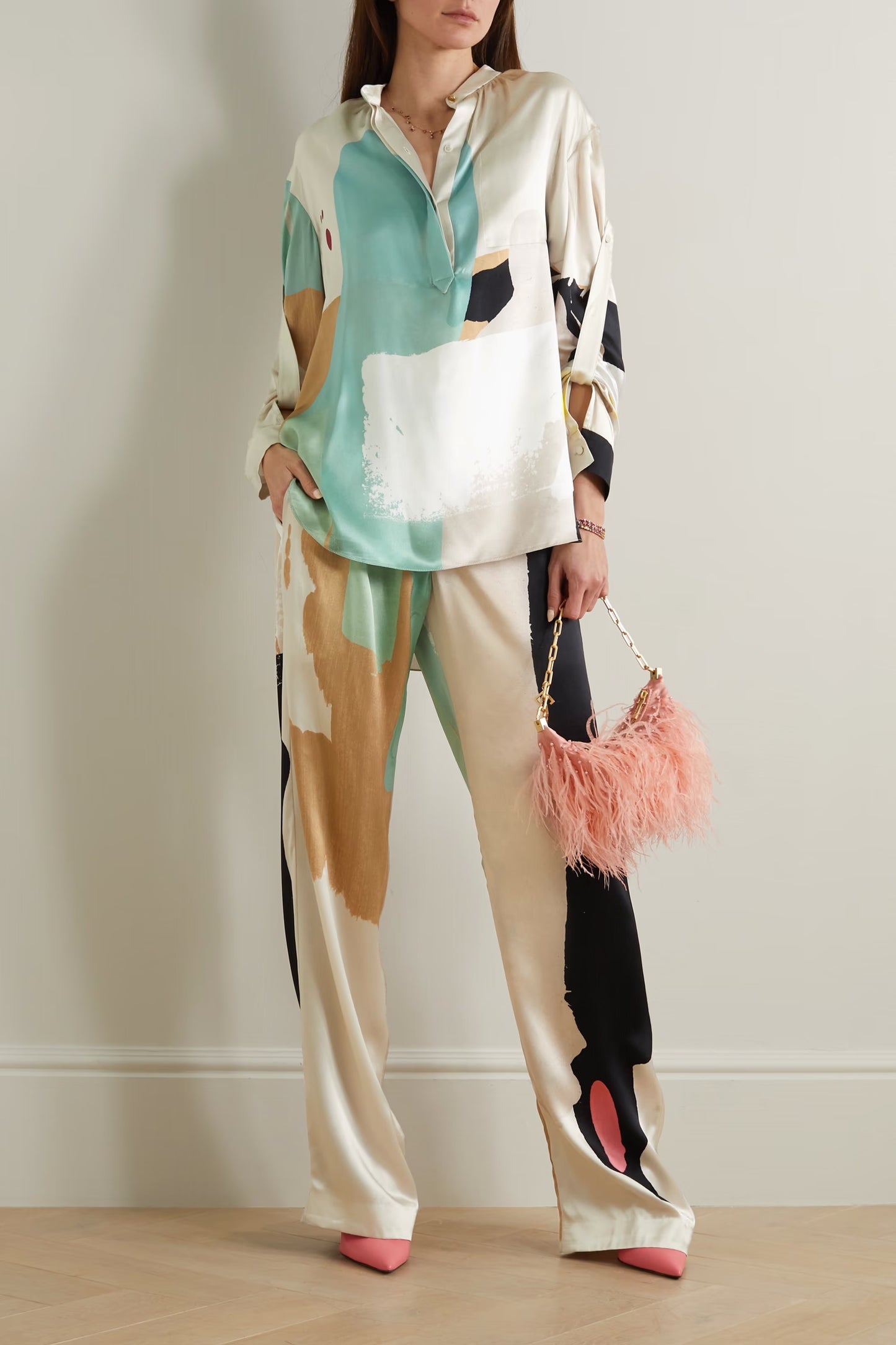 Sleek Abstract Print Women's Wear Persian Silk Top With Pant Co-Ord Set