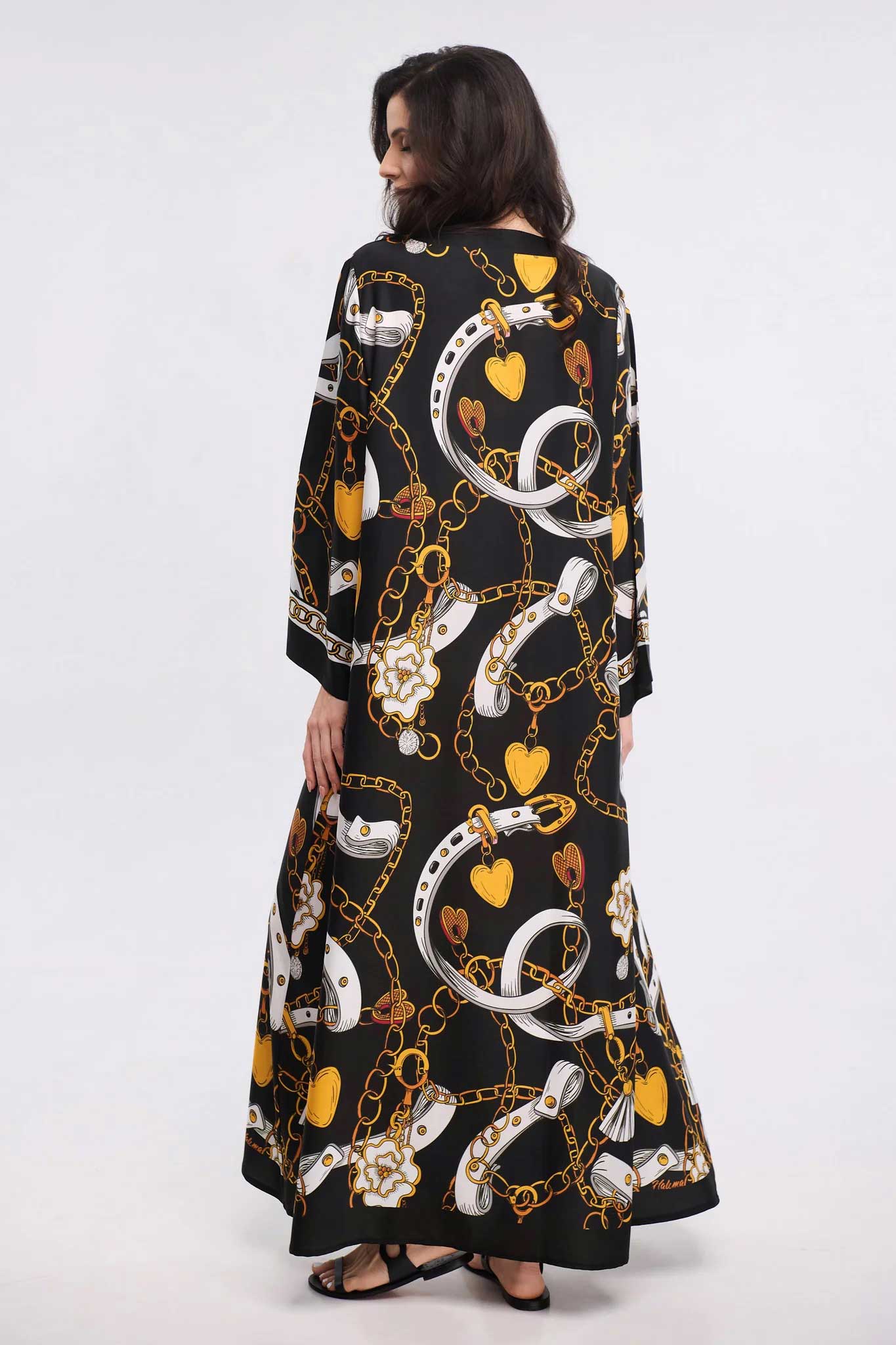 Stylish-Black-Caftan-with-Eye-Catching-Gold-and-White-Motifs