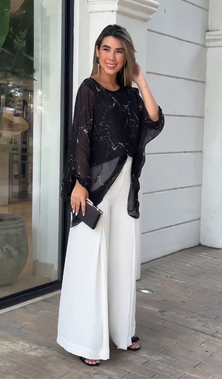 Modern Cream Color Top With Inner And Sleek Black Trousers Co-Ord Set
