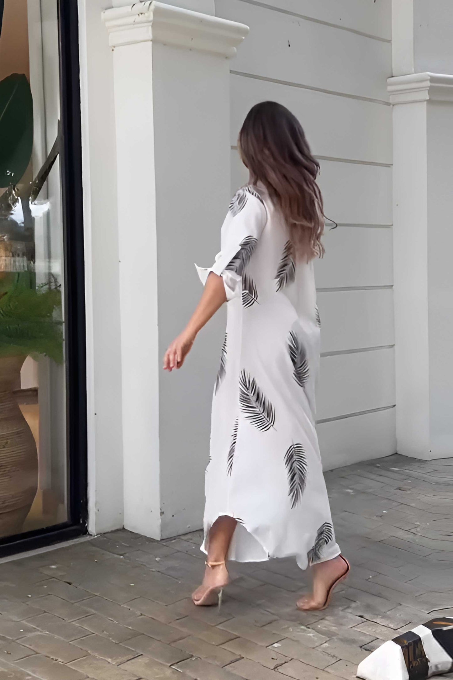 Tropical Palm Leaf Print Dress : Stylish Chic Black White Long Shirt
