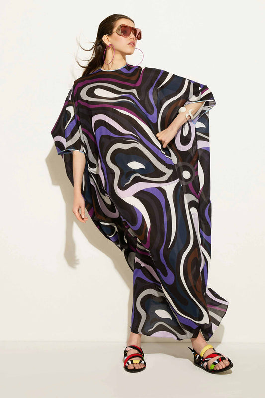 Black Color Abstract Print Long Length Kaftan With Round Neck Style