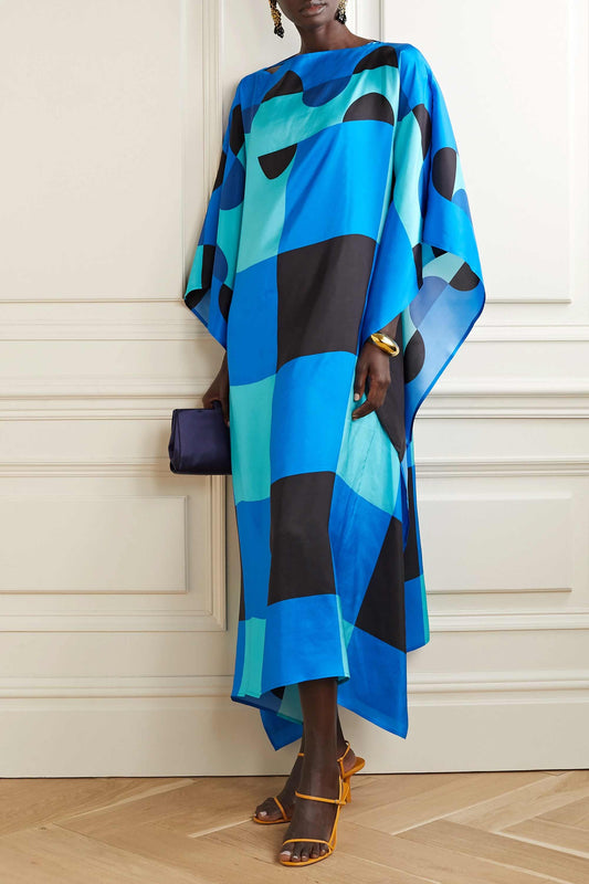 Checks Design Womens Kaftan In Blue Color