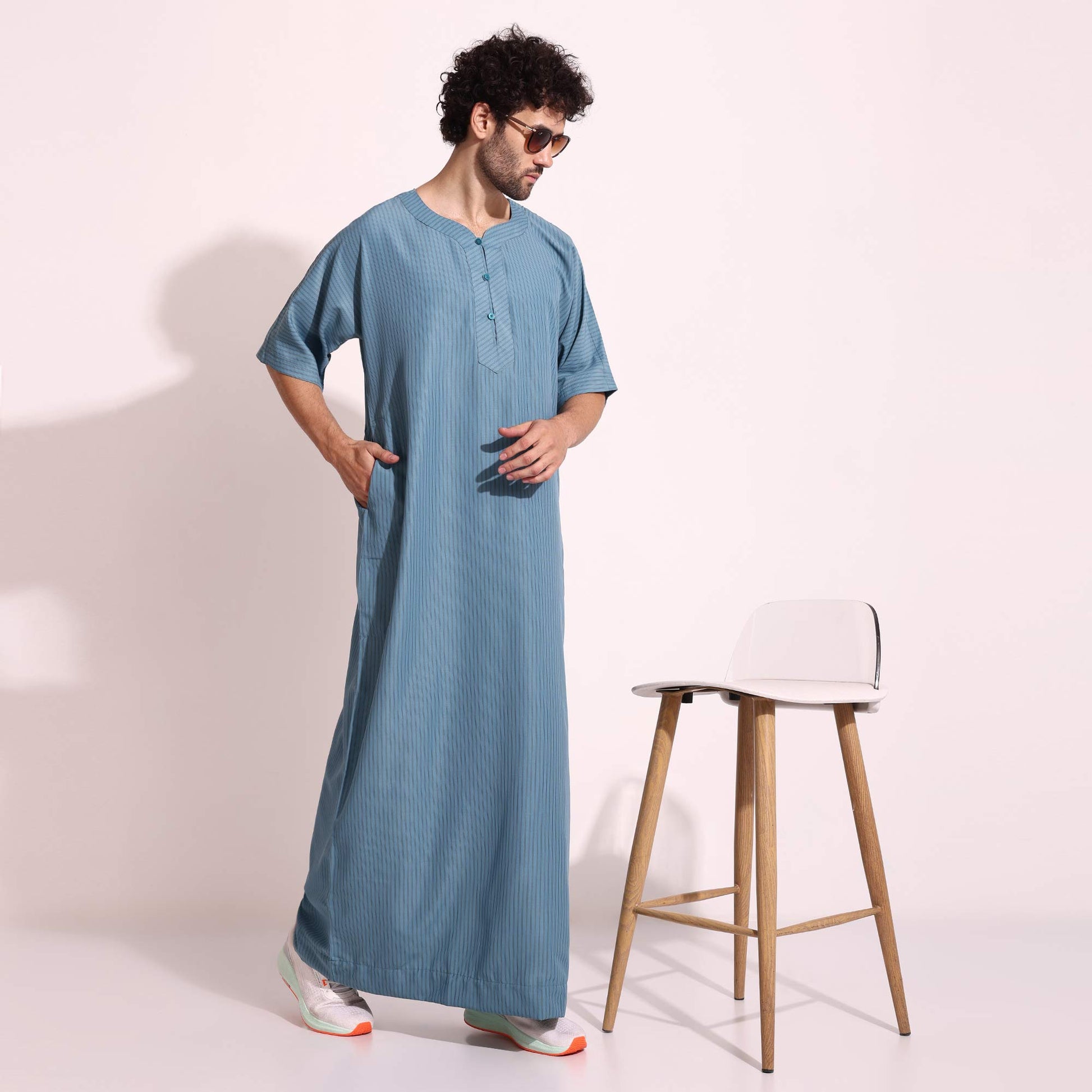 Casual Wear Mens Half Sleeves Thobe Blue Color