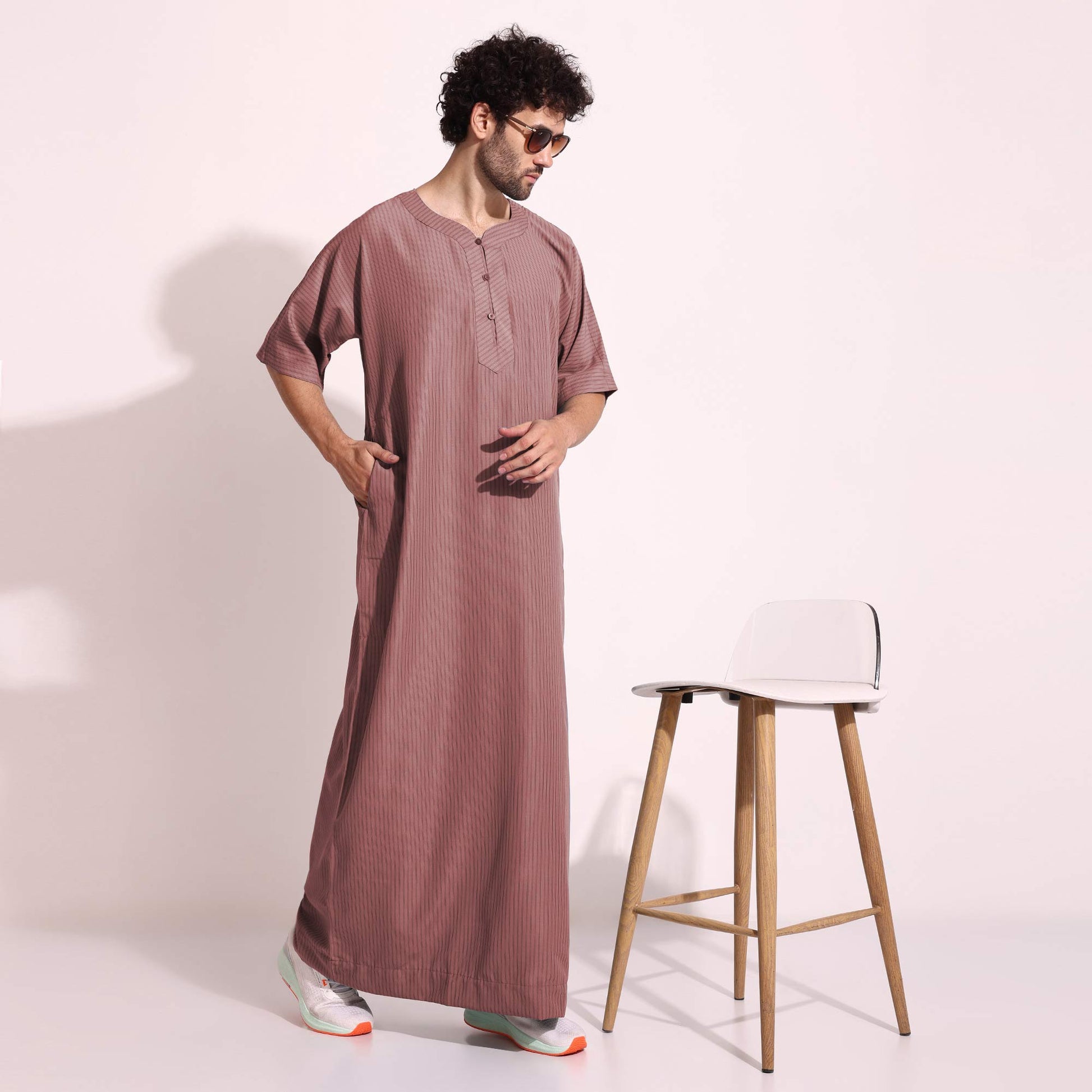 Casual Wear Mens Half Sleeves Thobe Salmon Color