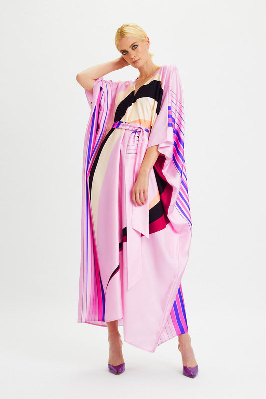 Candy Pink Womens Kaftan With Waist Belt And Geometric Print V Neck Style