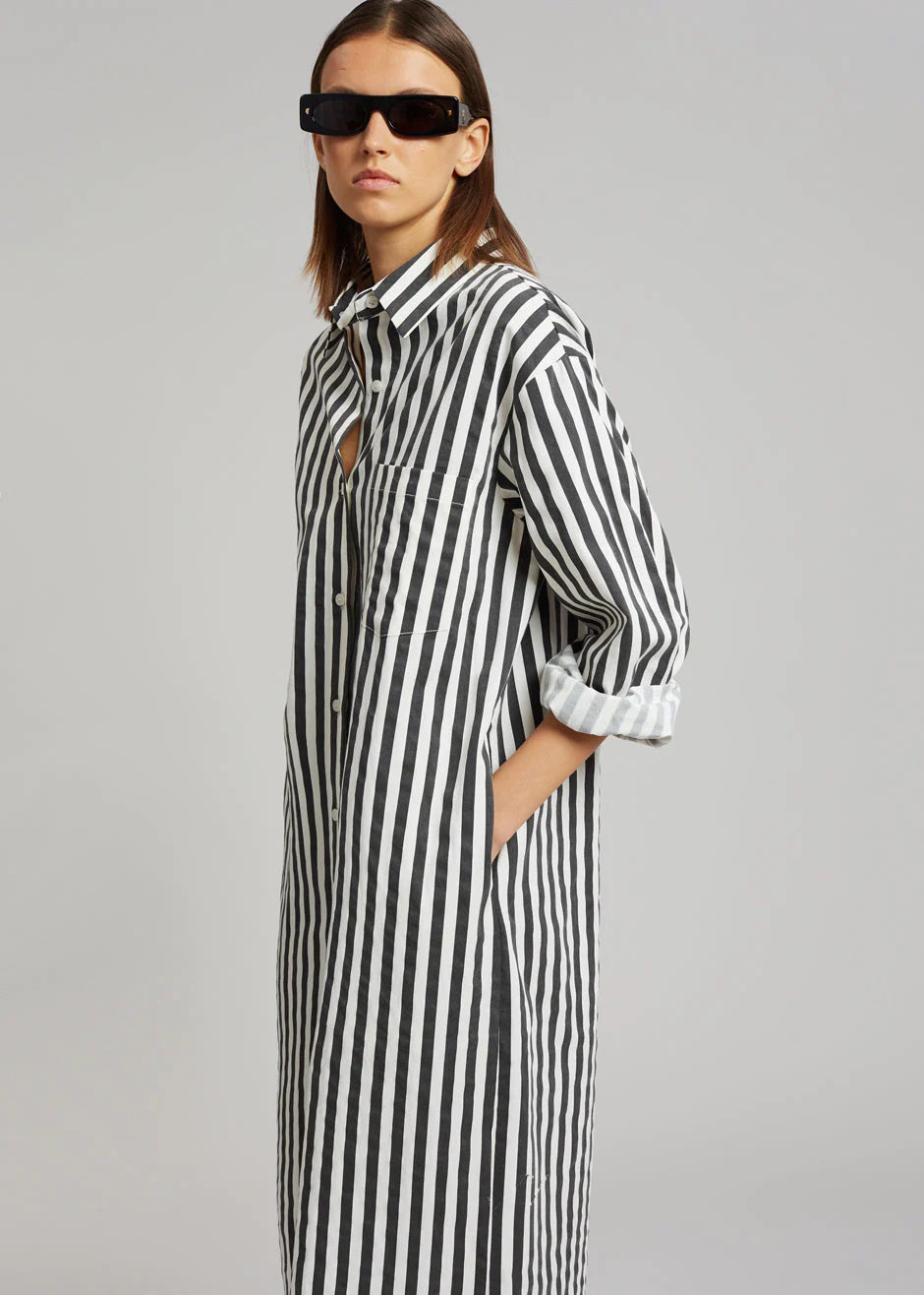 Cotton Elegance Stripes Premium Full Length Shirt Dress Black Color
