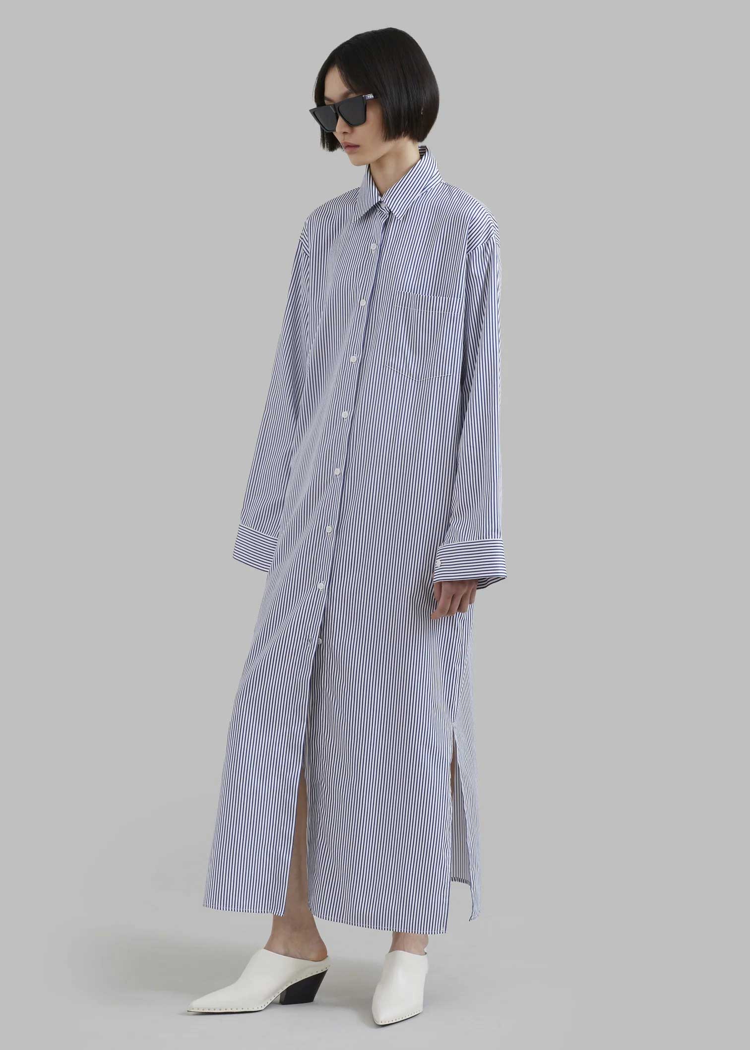 Cotton Elegance Stripes Premium Full Length Shirt Dress Blue Color