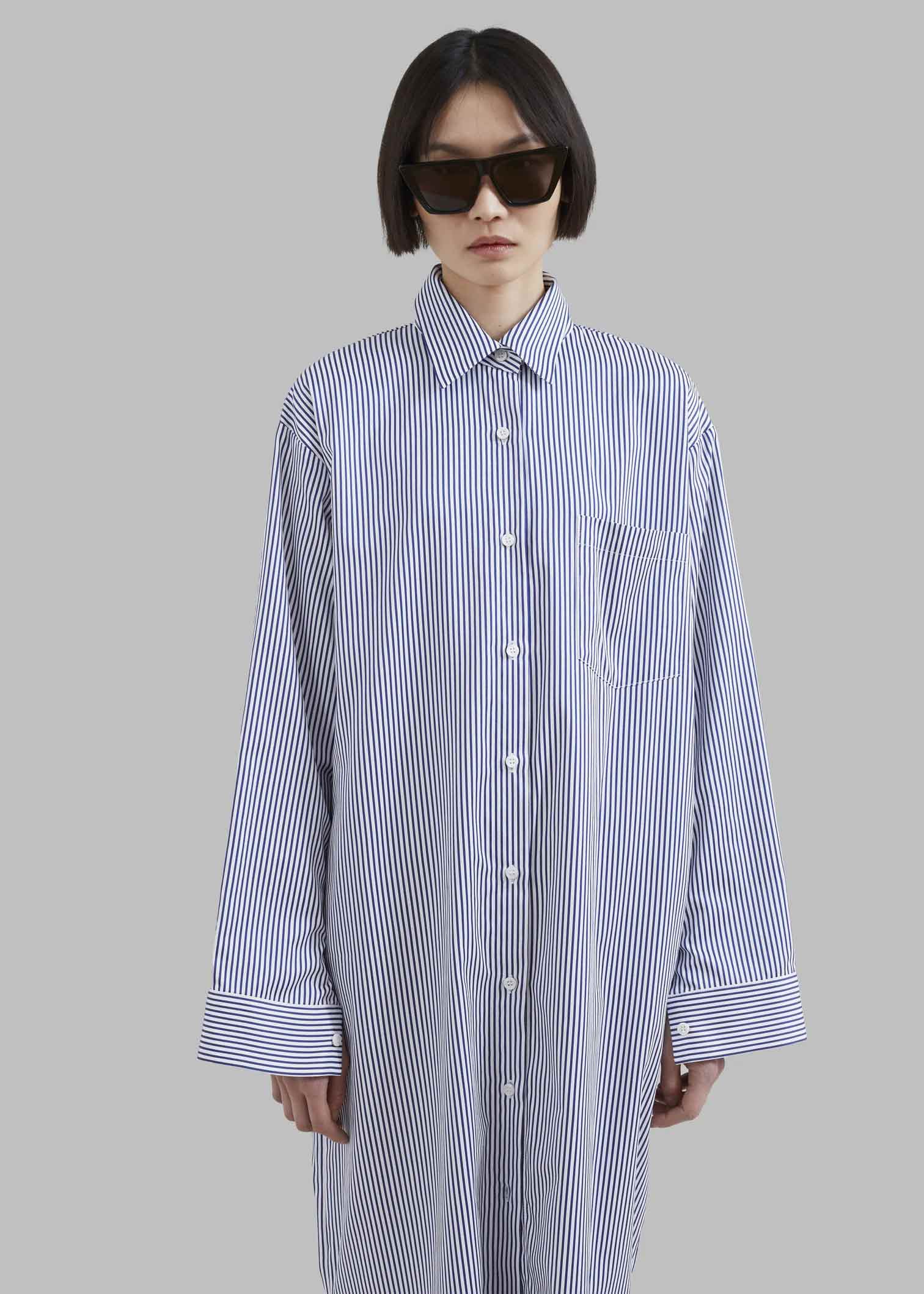 Cotton Elegance Stripes Premium Full Length Shirt Dress Blue Color