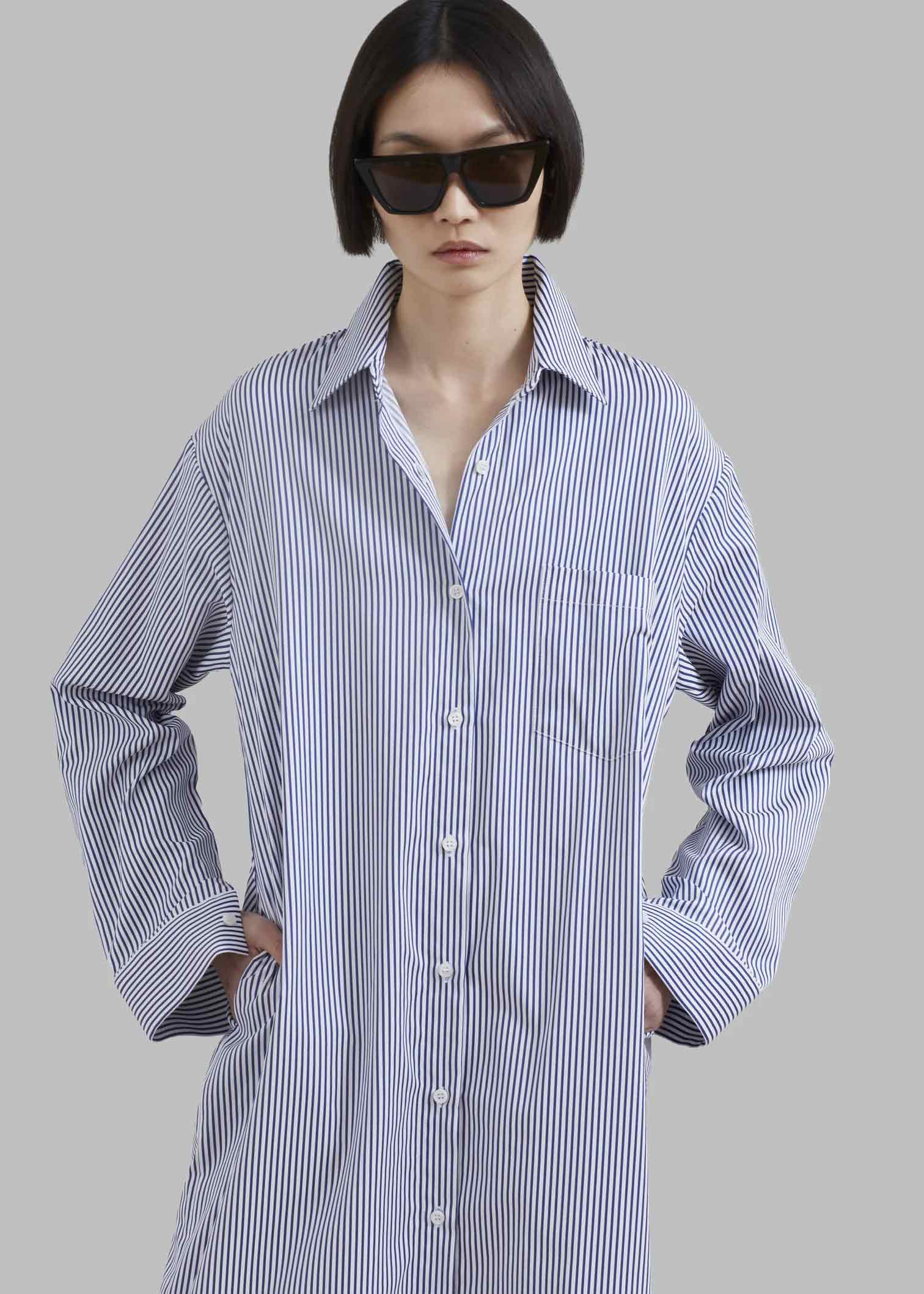 Cotton Elegance Stripes Premium Full Length Shirt Dress Blue Color
