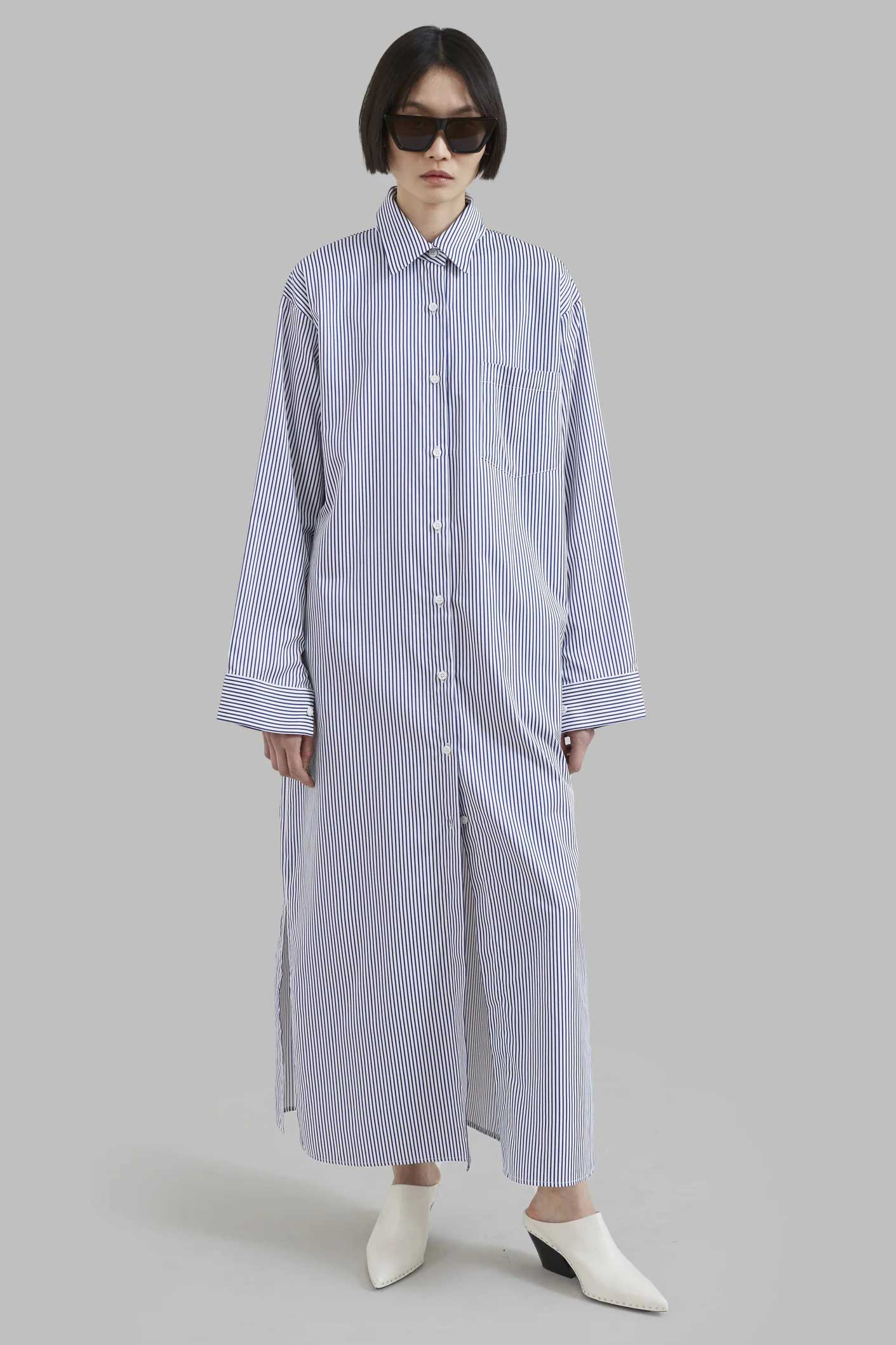 Cotton Elegance Stripes Premium Full Length Shirt Dress Blue Color