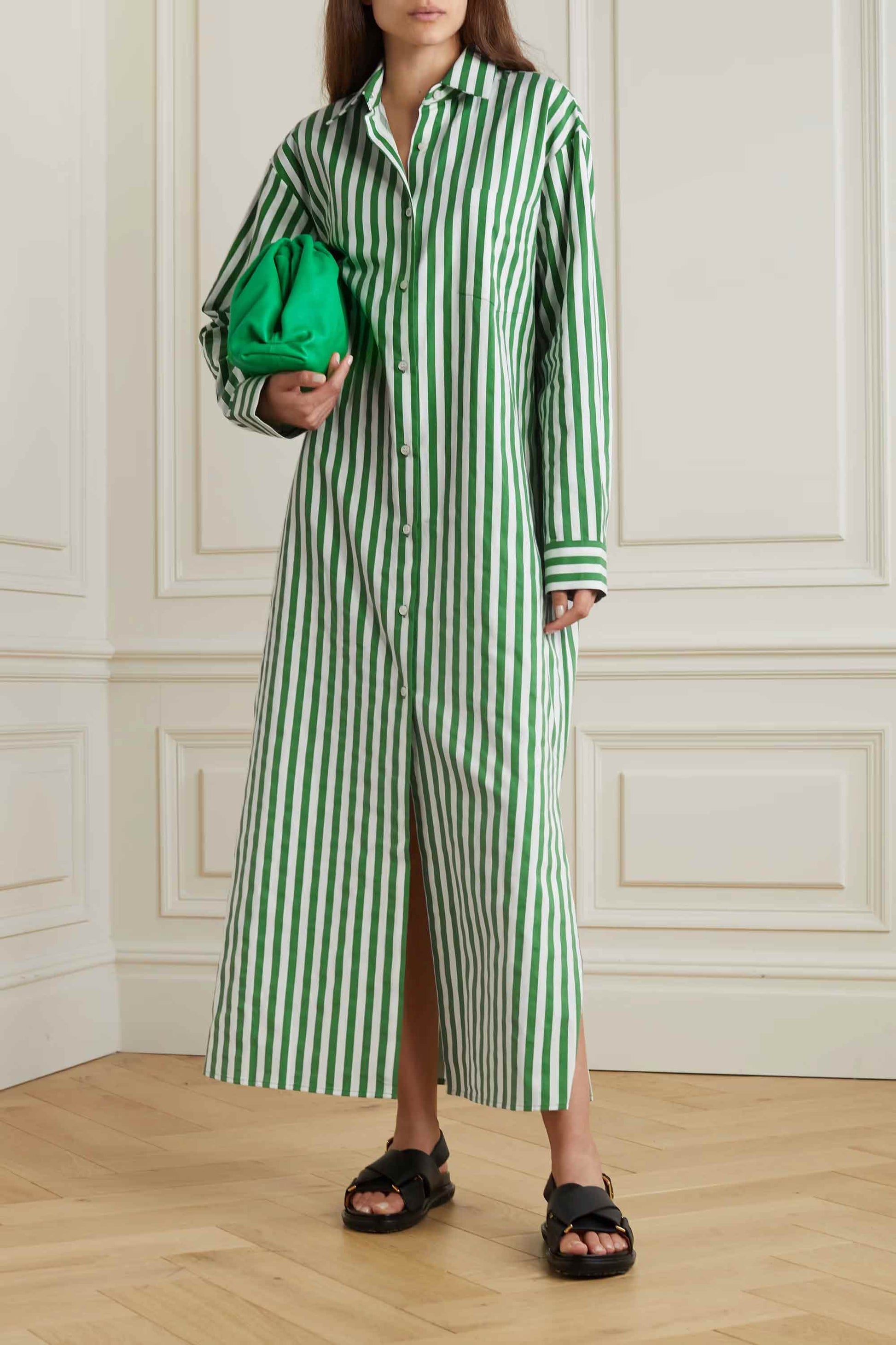 Cotton Elegance Stripes Premium Full Length Shirt Dress Green Color