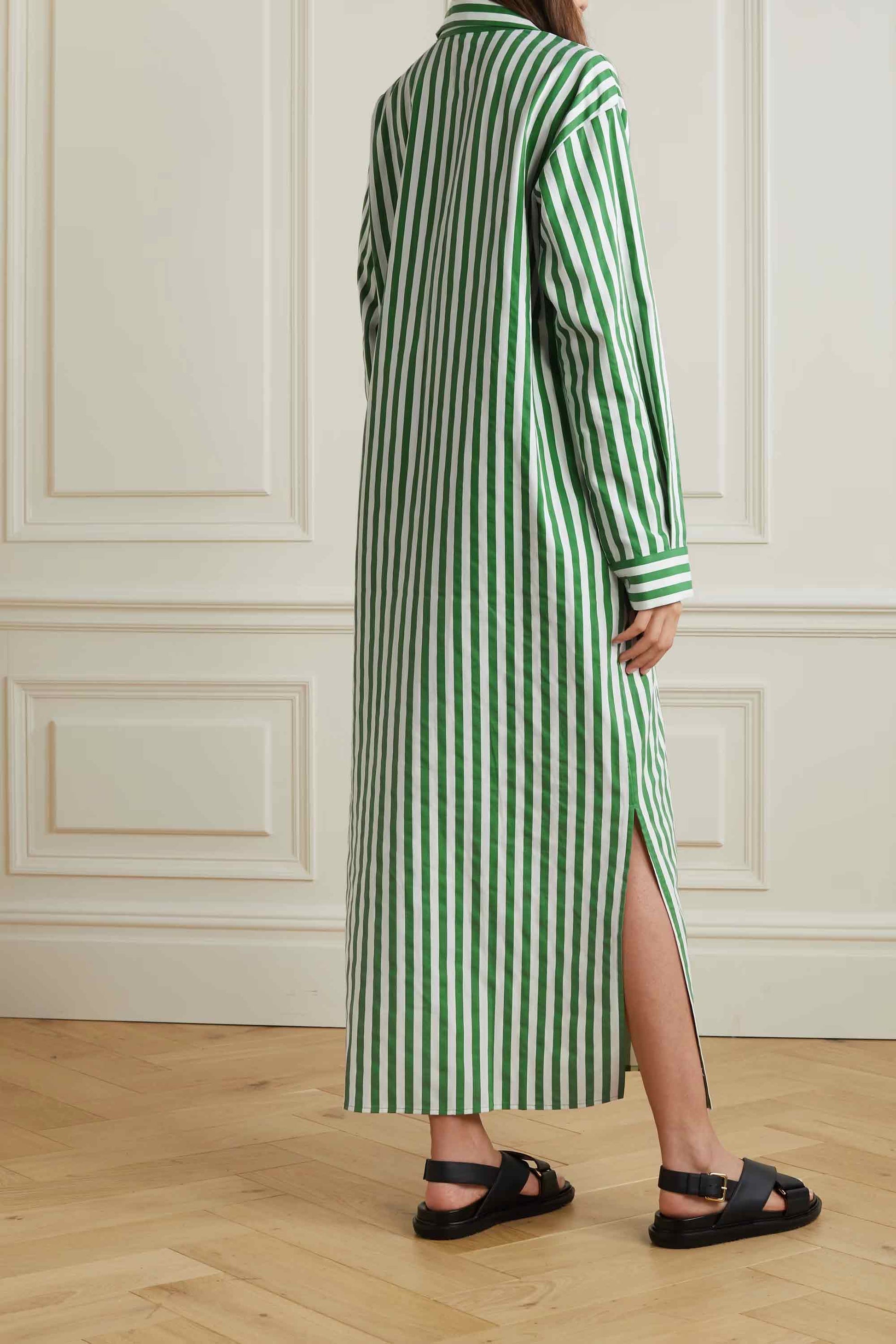 Cotton Elegance Stripes Premium Full Length Shirt Dress Green Color